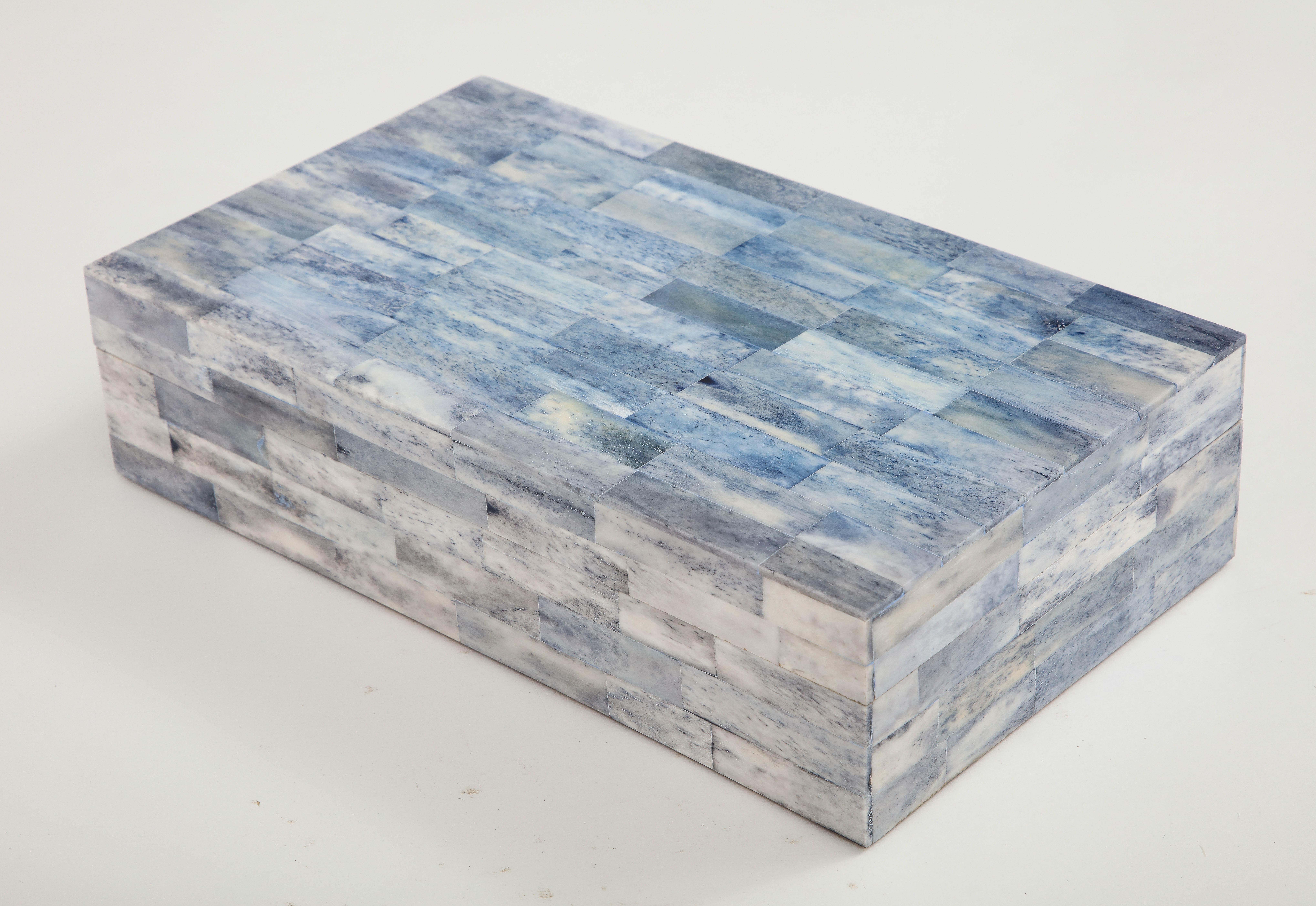 Modernist Cornflower/Hydrangea lavendar bone keepsake box lined in wood. A great addition to any coffee table, bedside or desk.