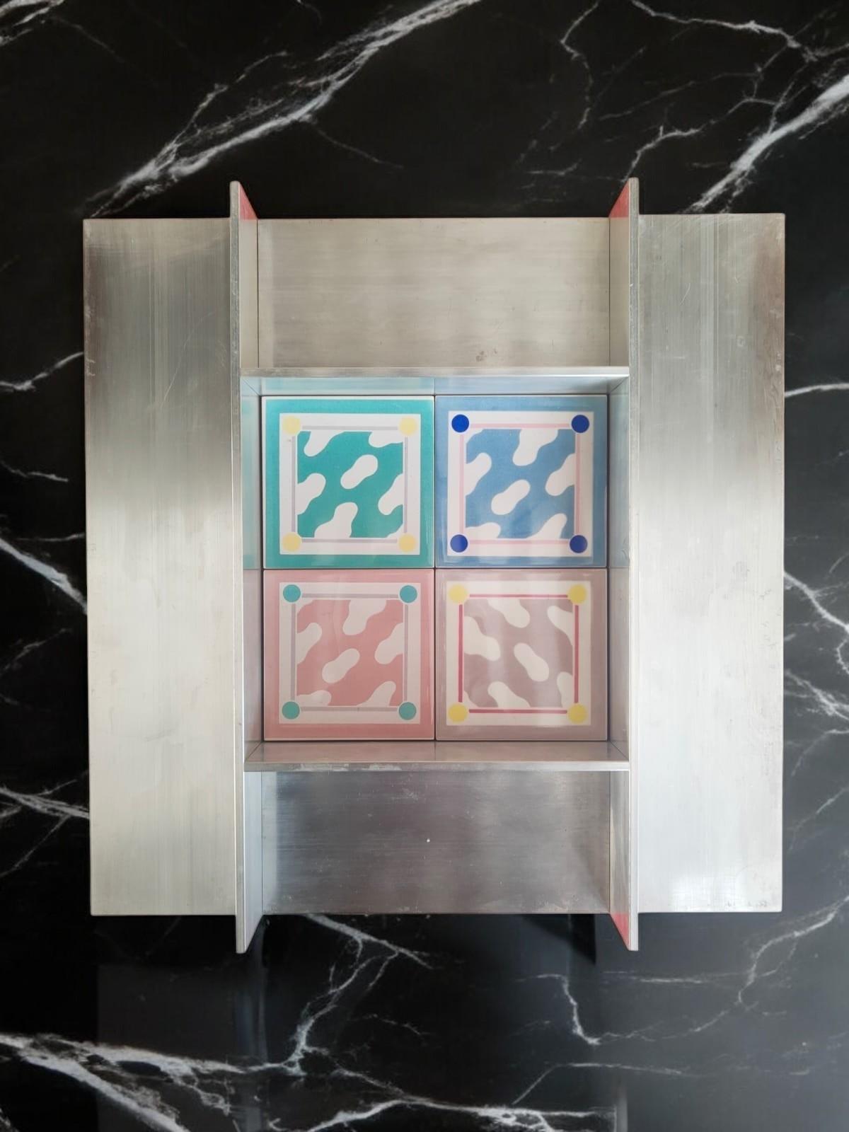 extremely rare set of 4 Memphis Style tiles, designed by Ettore Sottsass for Cedit Ceramiche, 1989, for the program 