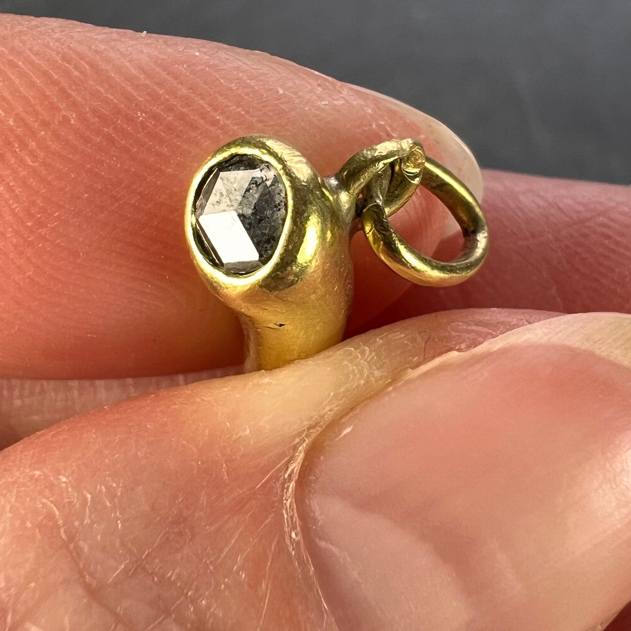 Rose Cut Cornicello Lucky Horn 18K Yellow Gold Diamond Charm Pendant