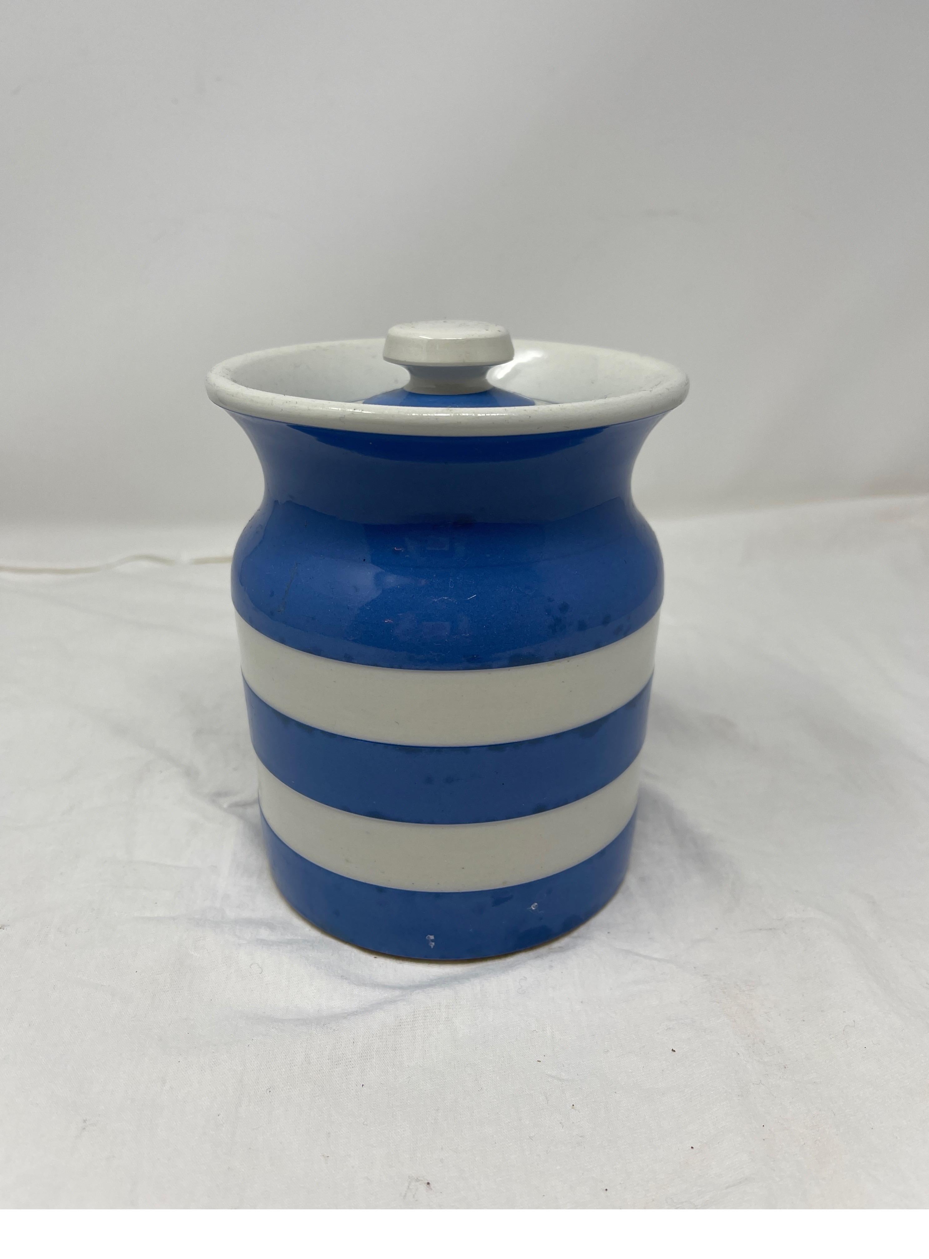 Large blue and white striped vintage T.G. Green canister. T.G. Green was founded in 1864. This fantastically cheery canister can make any counter come alive and make your ground coffee sing. 

6.5