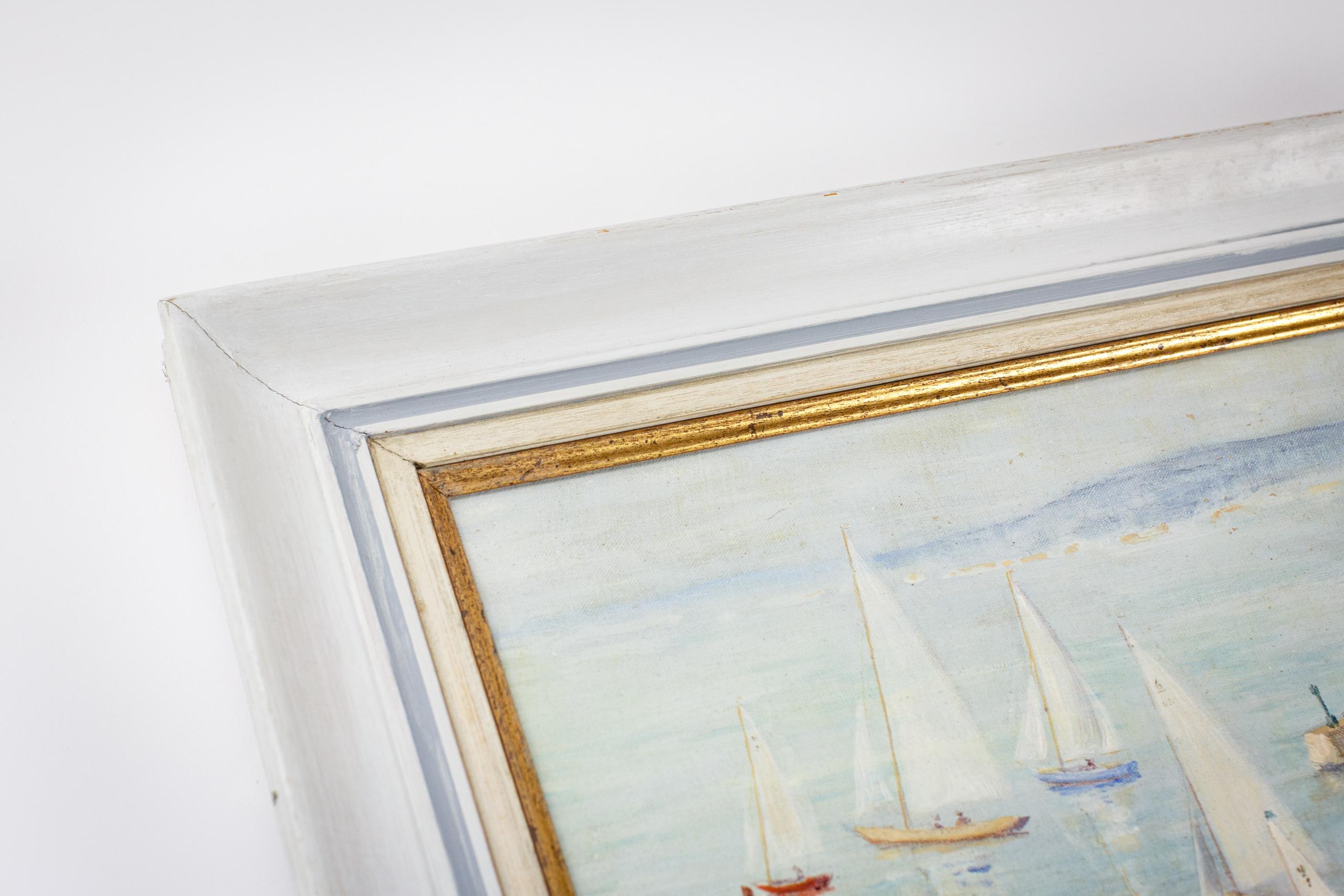 Cornish Regatta Öl auf Leinwand Charmant naive Perspektive mit viel zu vielen Yachten, die viel zu groß sind, um gleichzeitig im Hafen zu liegen. Einfangen der Aufregung des Renntages. Blick über das Wasser auf einen anderen Hafen, kräuselnde
