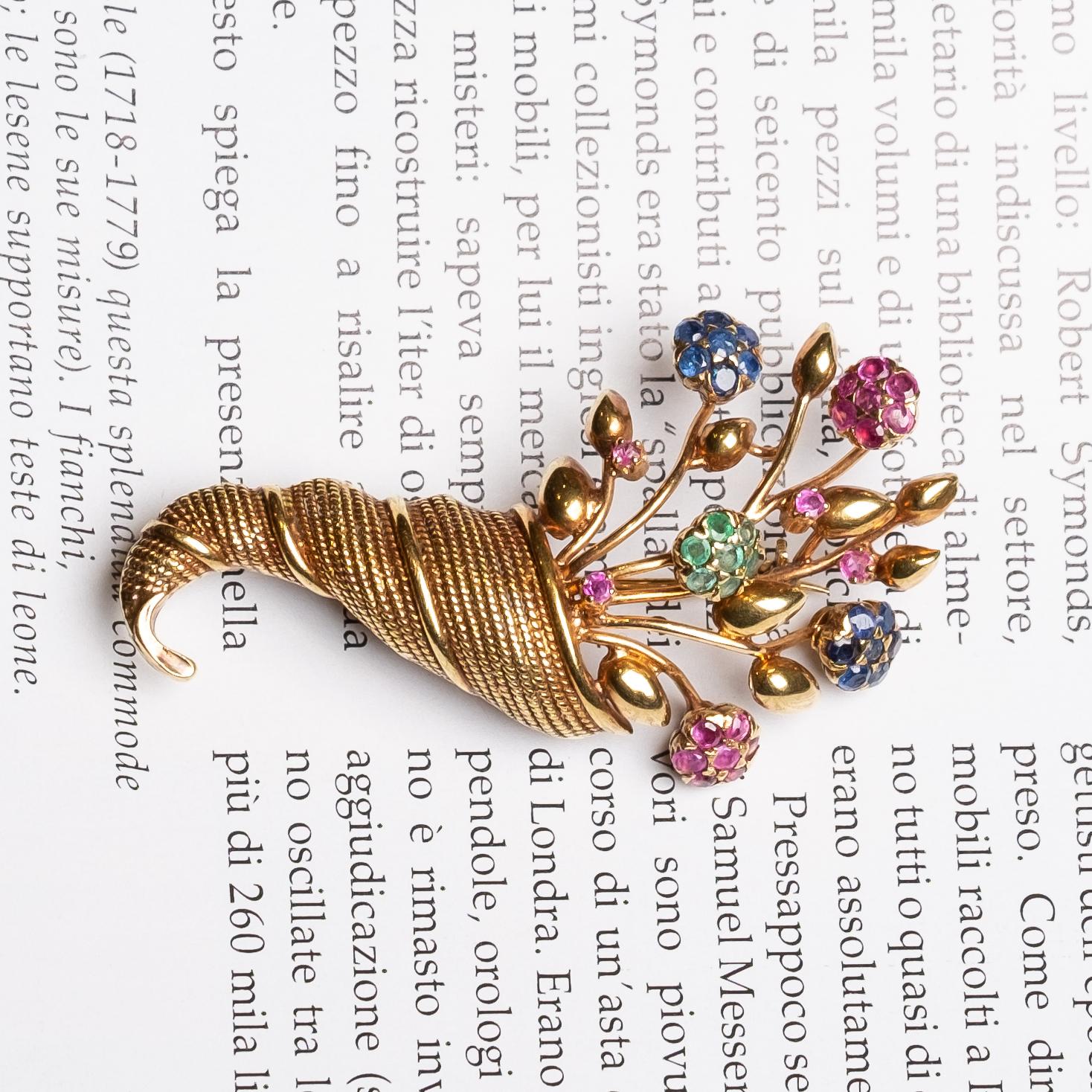 Cornucopia Brooch 1940s period Italy rubies sapphires emeralds tremblant In Good Condition For Sale In Milano, MI