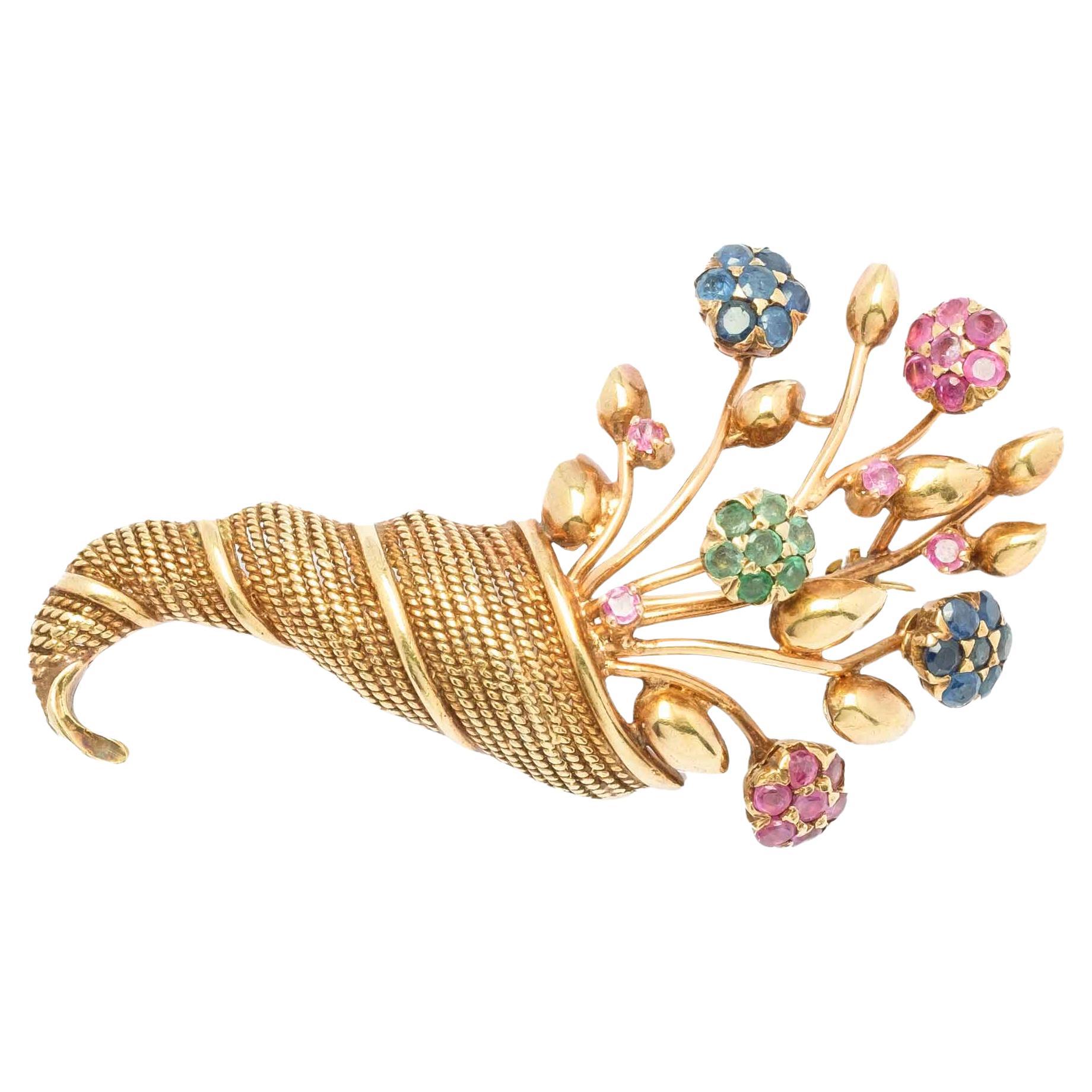 Cornucopia Brooch 1940s period Italy rubies sapphires emeralds tremblant For Sale