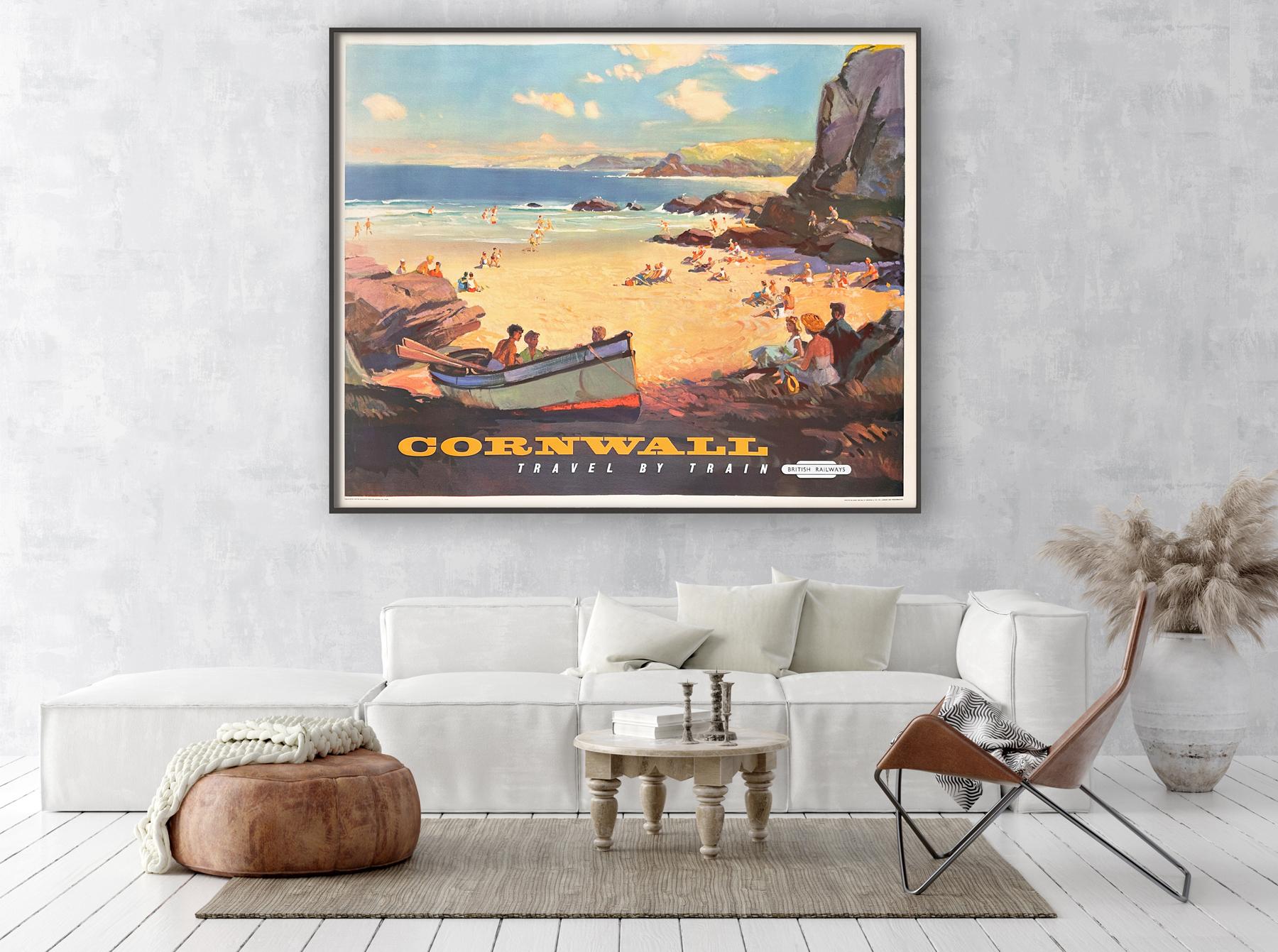 Fantastic original 1960 Cornwall British Rail advertising poster featuring a beautiful beach design by Leslie Wilcox. Looks particularly impressive on the size of this quad royal.

A very rare poster in fabulous condition. Lovely colours.

This