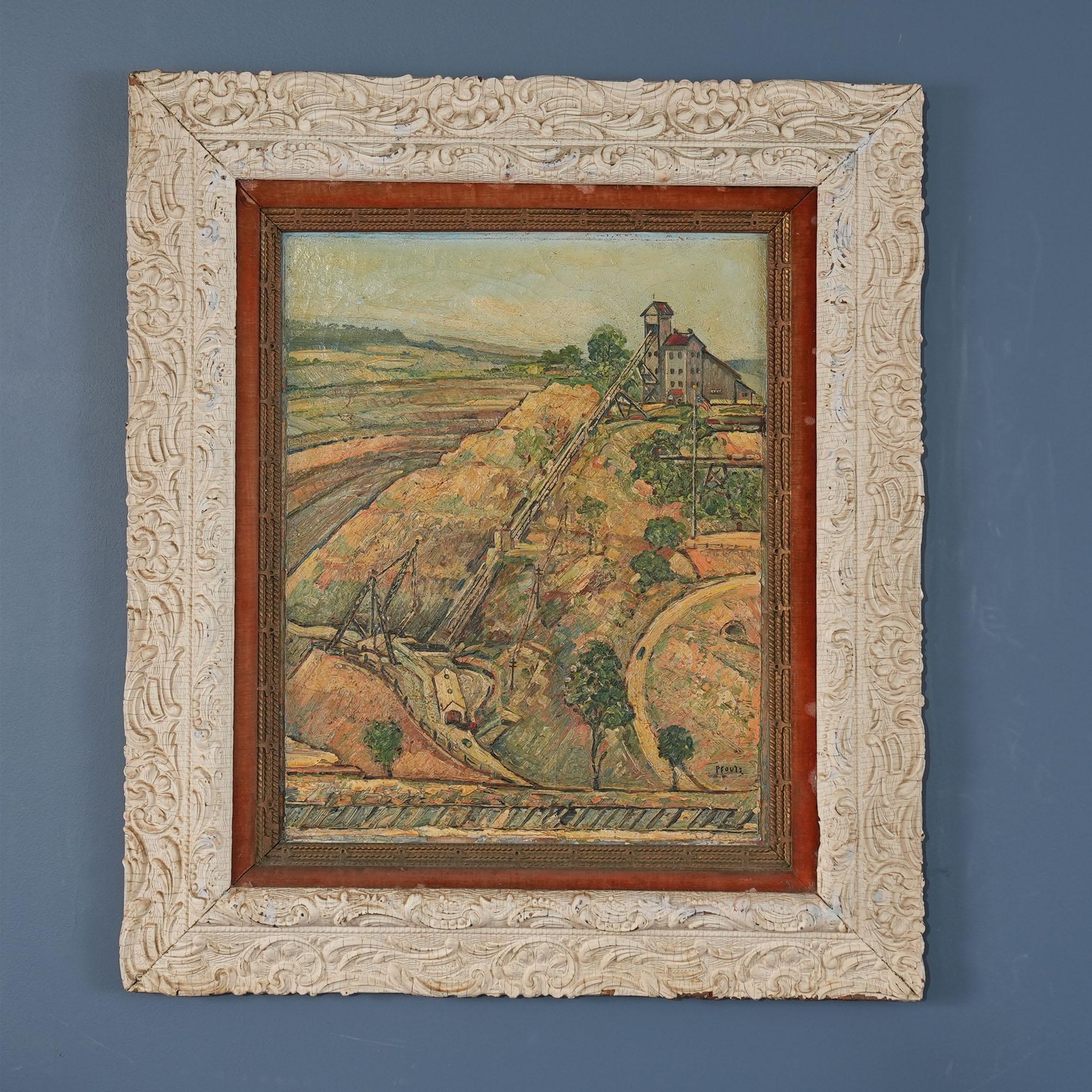 A very interesting and unusual Cornwall Iron Banks Original Oil Painting by artist J. Earle Pfoutz. The painting is produced on canvas and comes complete with what appears to be an original artist decorated/painted frame with later touch ups. The