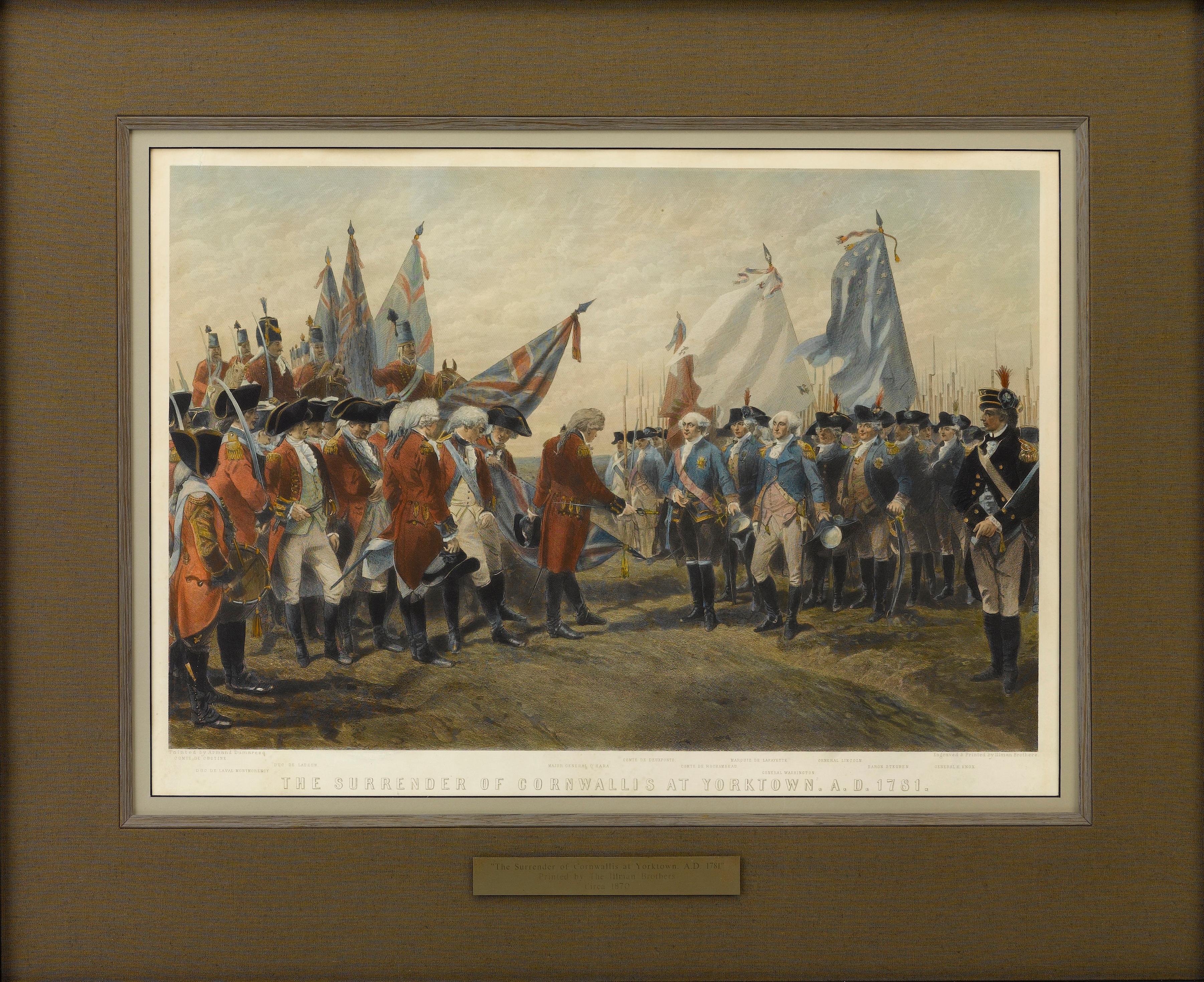 “The Surrender of Cornwallis at Yorktown A.D. 1781” Engraving by the Illman brothers, after a painting by Armand-Dumaresq, circa 1870.

This historic print depicts the surrender of the British forces after the Battle of Yorktown. In the print, Major