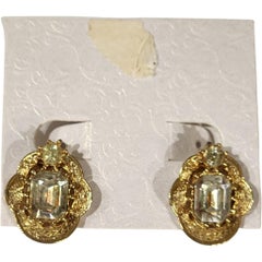 Coro 1950s Clear Rhinestone Gold-Tone Textured Clip-On Earrings