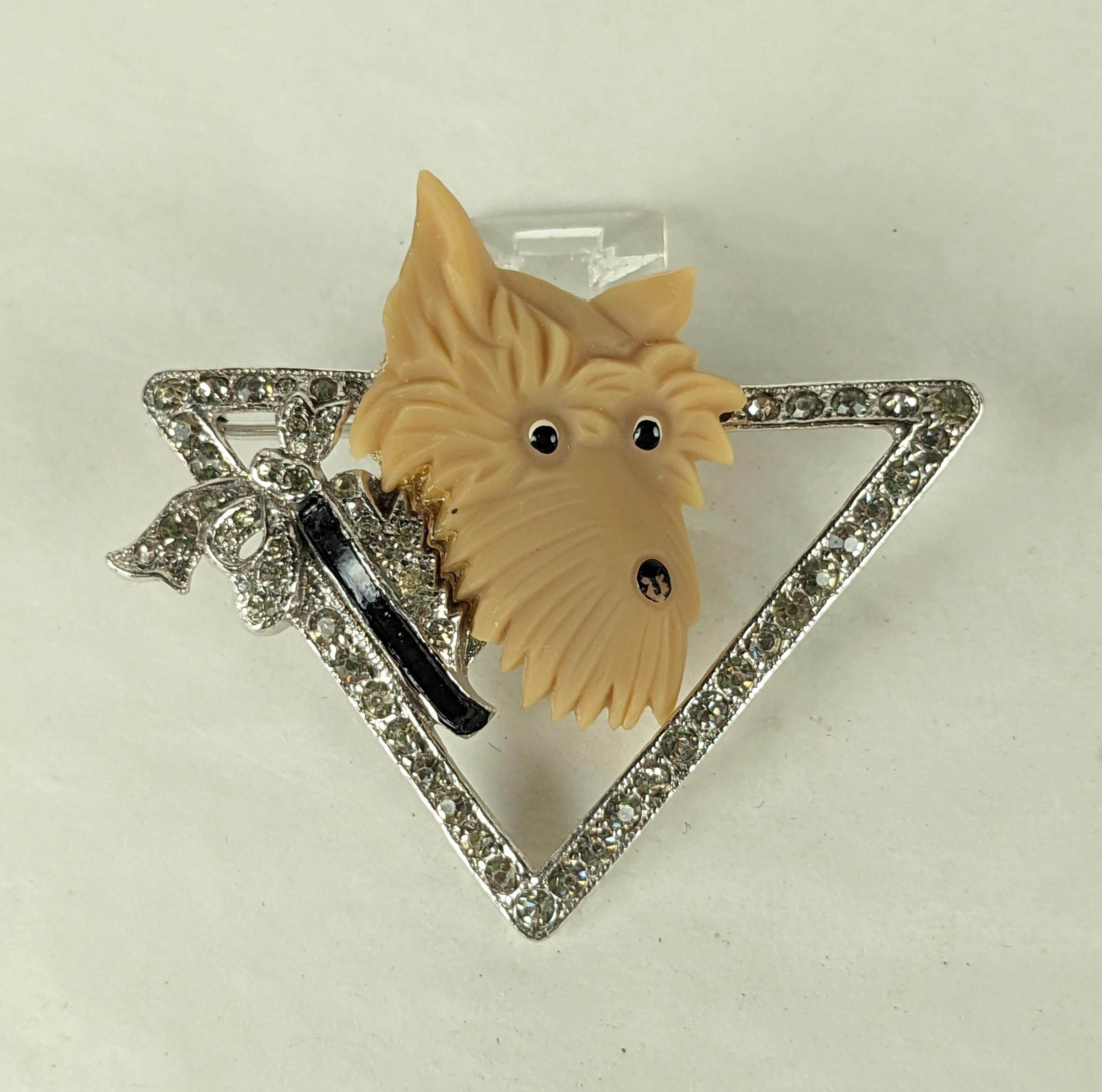 Charming Coro Art Deco Bakelite and Pave Scottie Brooch set in rhodium with cold enamel accents. Signed. 2