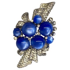 Coro Art Deco Blue Moonstone Cabochon & Pave' Rhinestone Brooch, Circa 1941