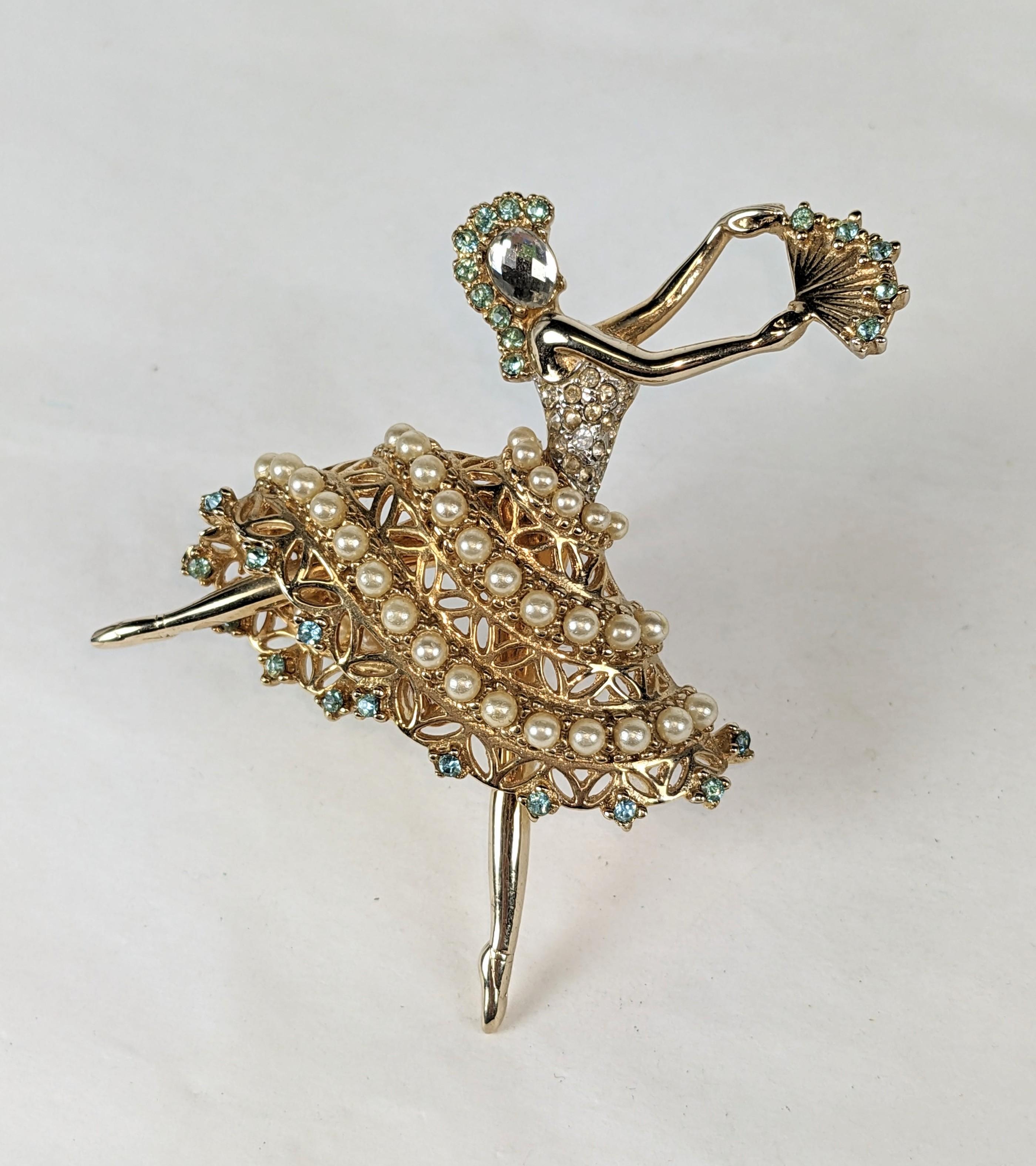 Charming Coro Pearl Studded Ballerina Brooch from the 1930's. Done in the Van Cleef style with a faux pearl and paste studded skirt with a rose cut 