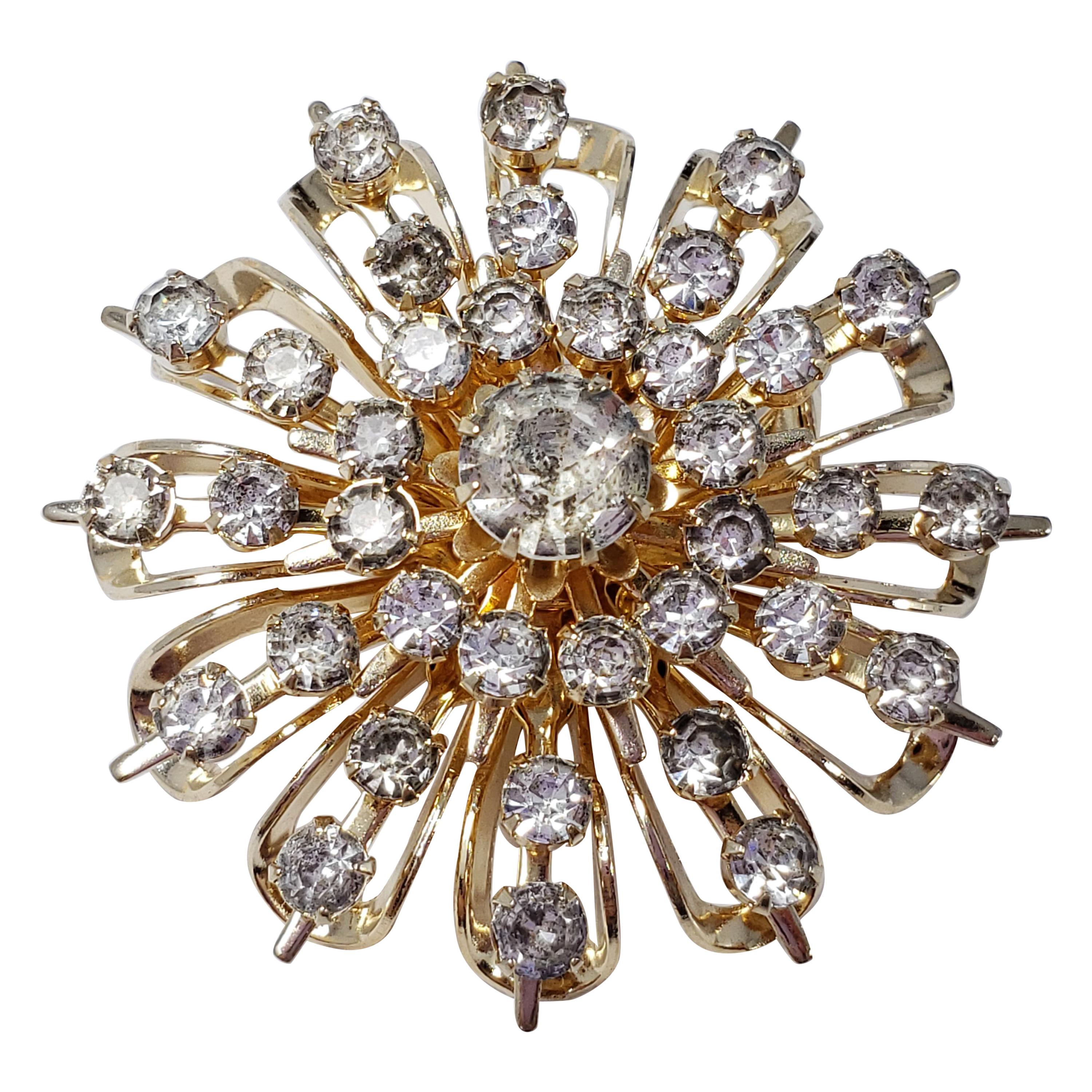 Coro Clear Crystal Gold Tone Flower Collector's Pin Brooch, Vintage, Mid 1900s