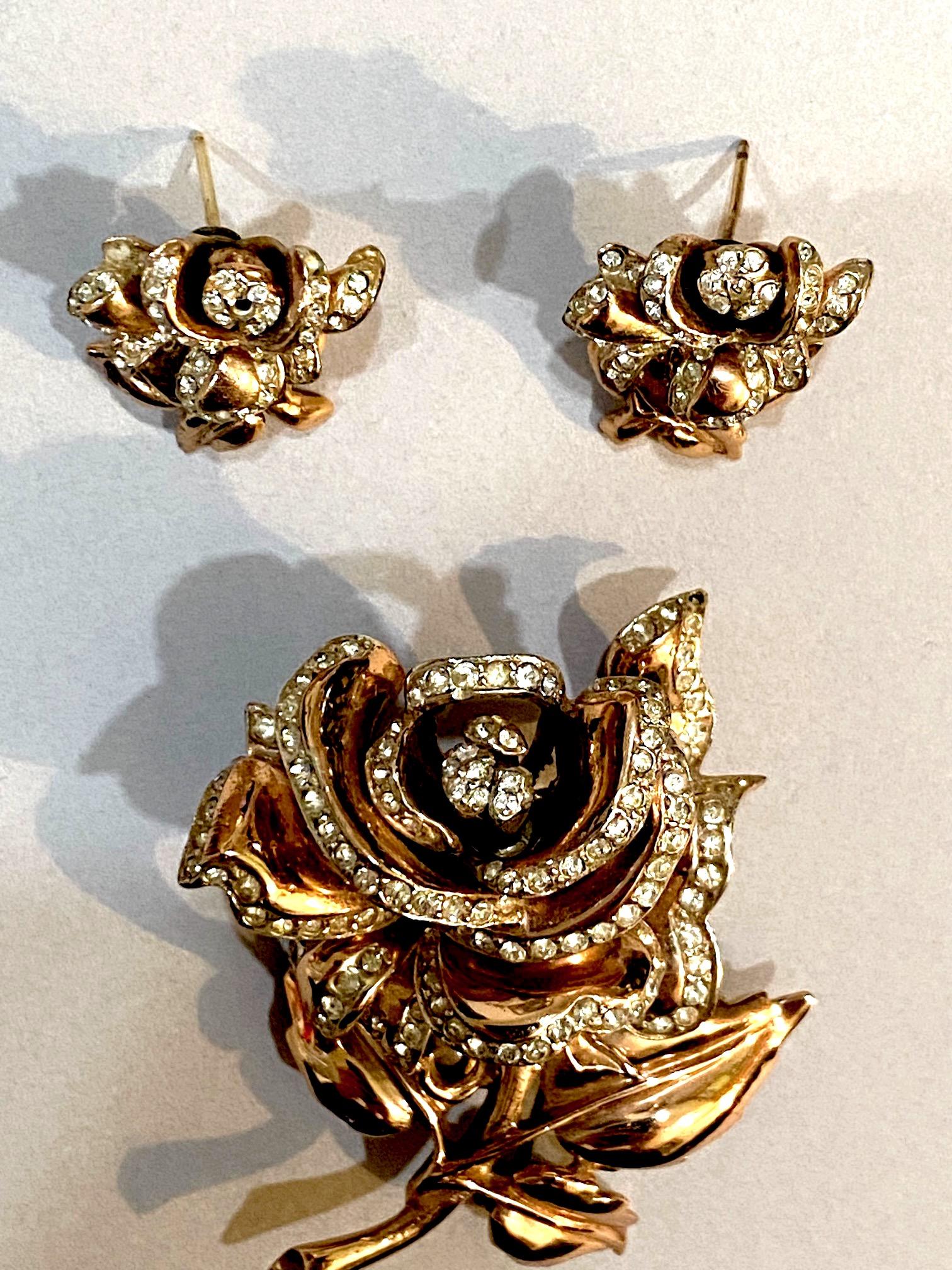 Women's or Men's Coro Craft 1940 Rose Gold & Sterling Silver Rose brooch & Earrings, Adolph Katz