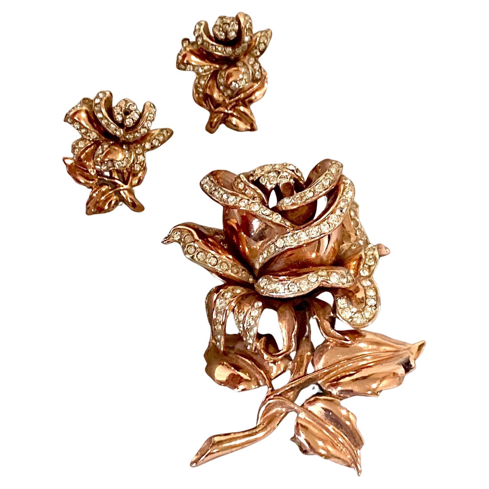 Coro Craft 1940 Rose Gold & Sterling Silver Rose brooch & Earrings, Adolph Katz