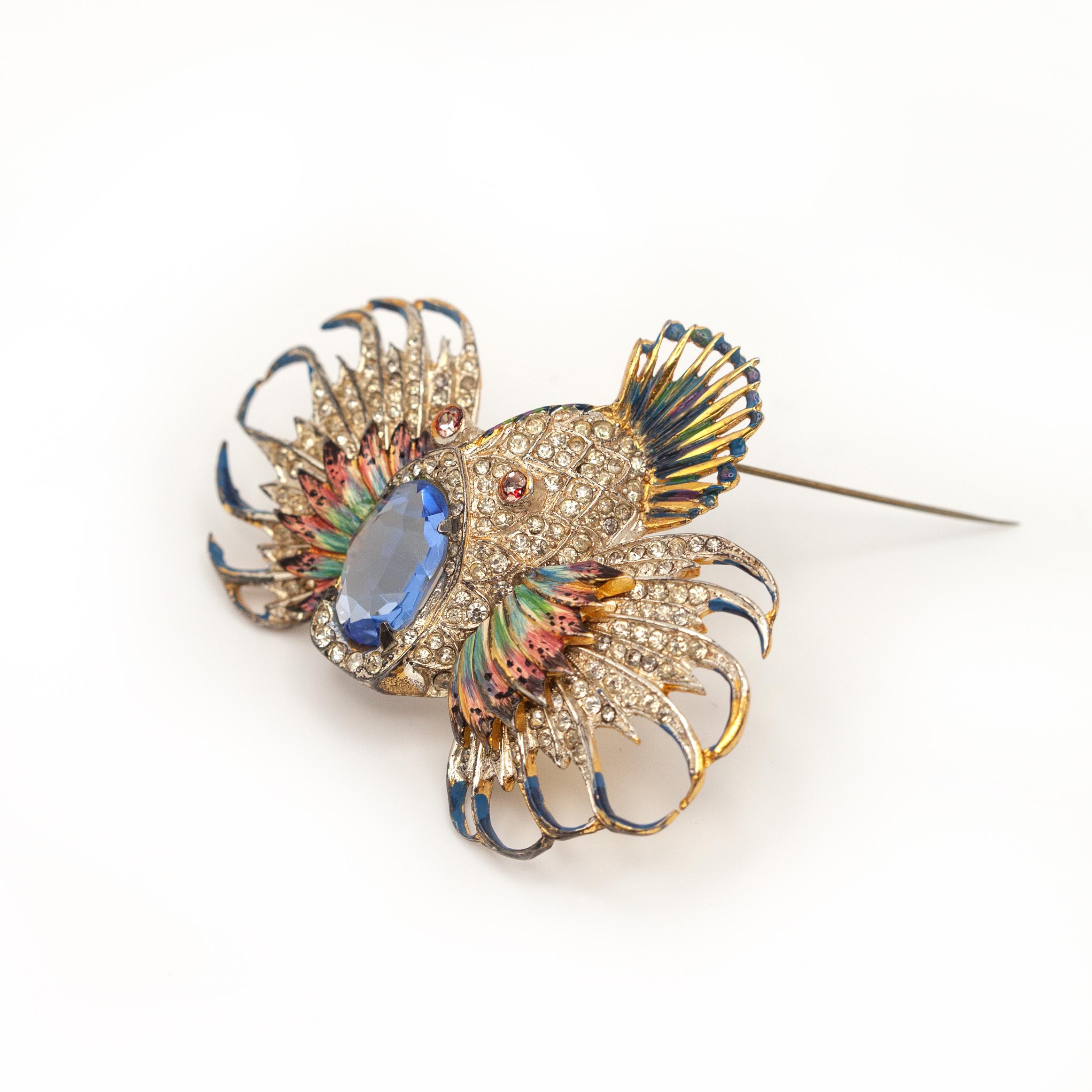 CORO CRAFT 1944 Sterling Enamel Rock Fish Brooch For Sale 3