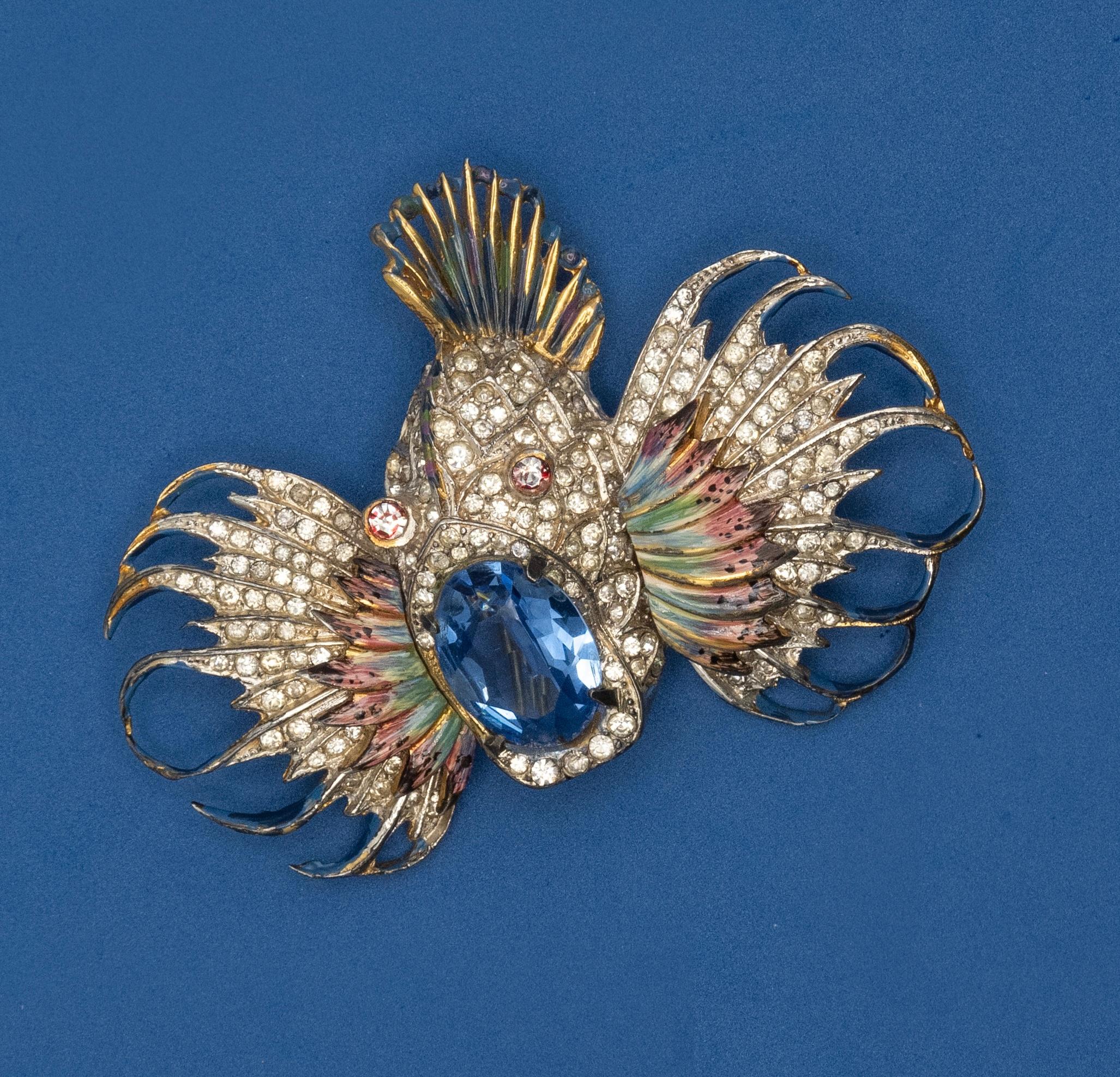 CORO CRAFT 1944 Sterling Enamel Rock Fish Brooch For Sale 4