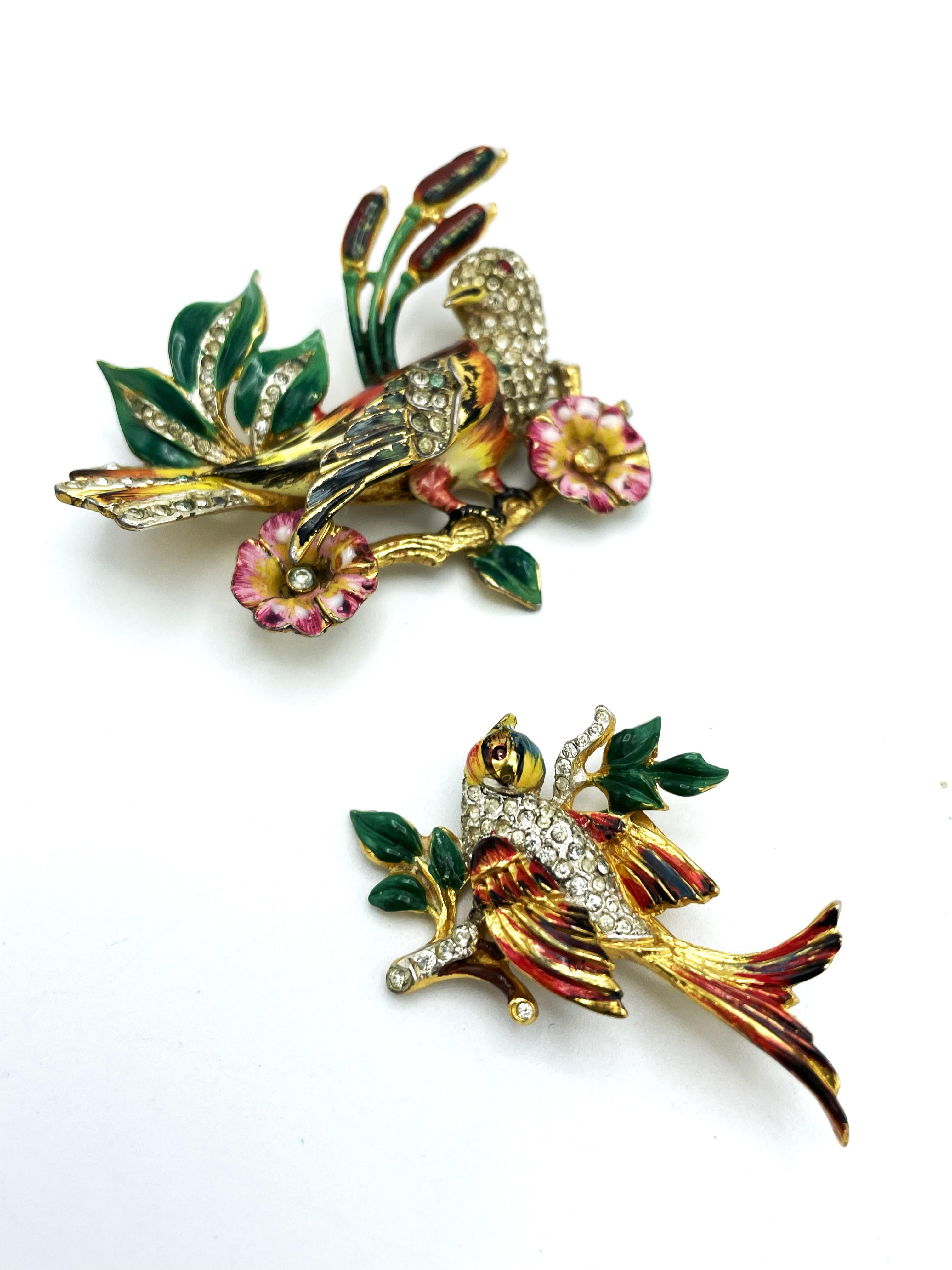 Baguette Cut Coro Craft birds brooch on branch, enamailing, gold plated Sterling, 1940's USA For Sale