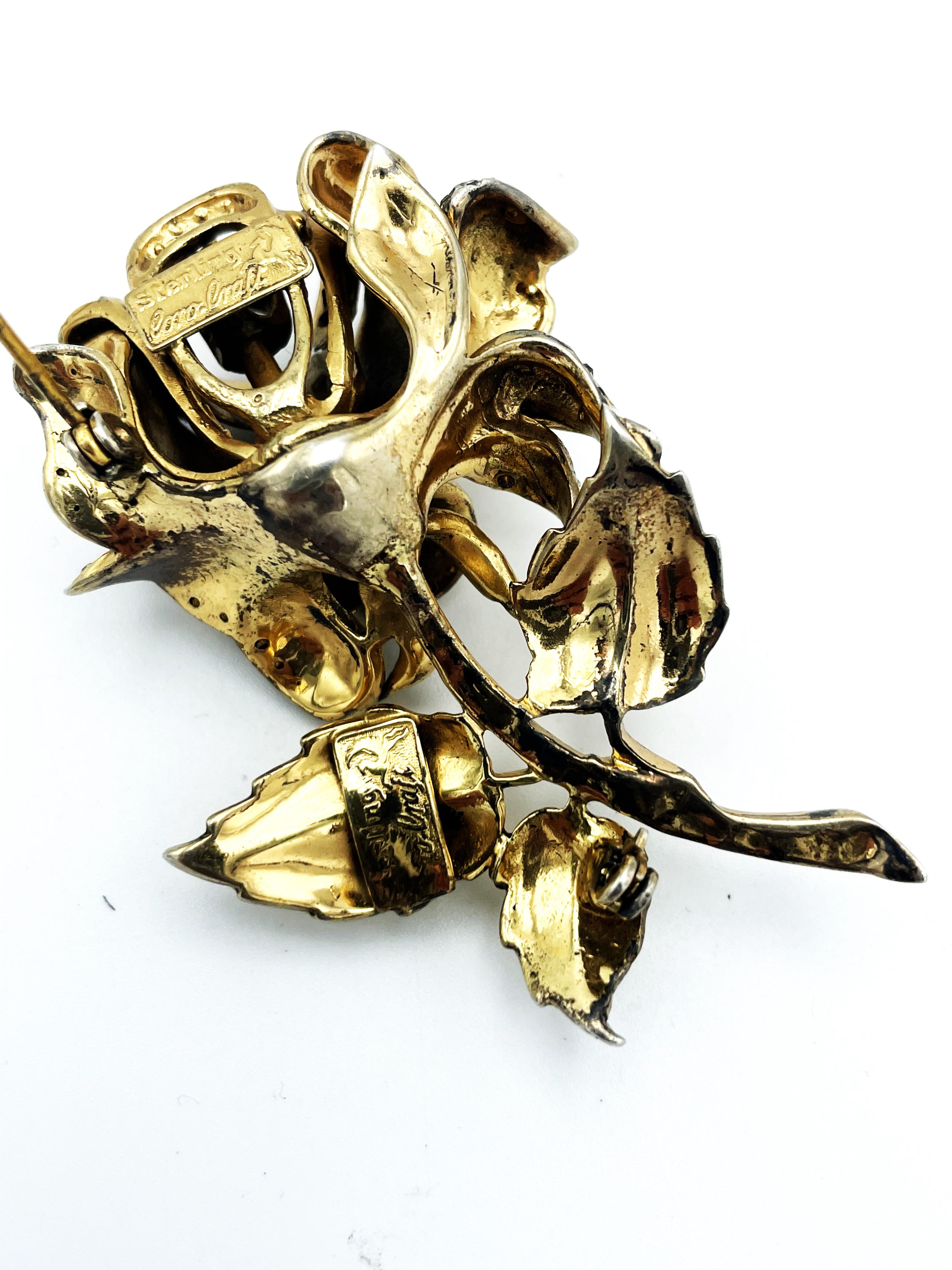 Romantic Coro Craft brooch in the shape of a rose, sterling gold plated, rhinestones 1940 For Sale