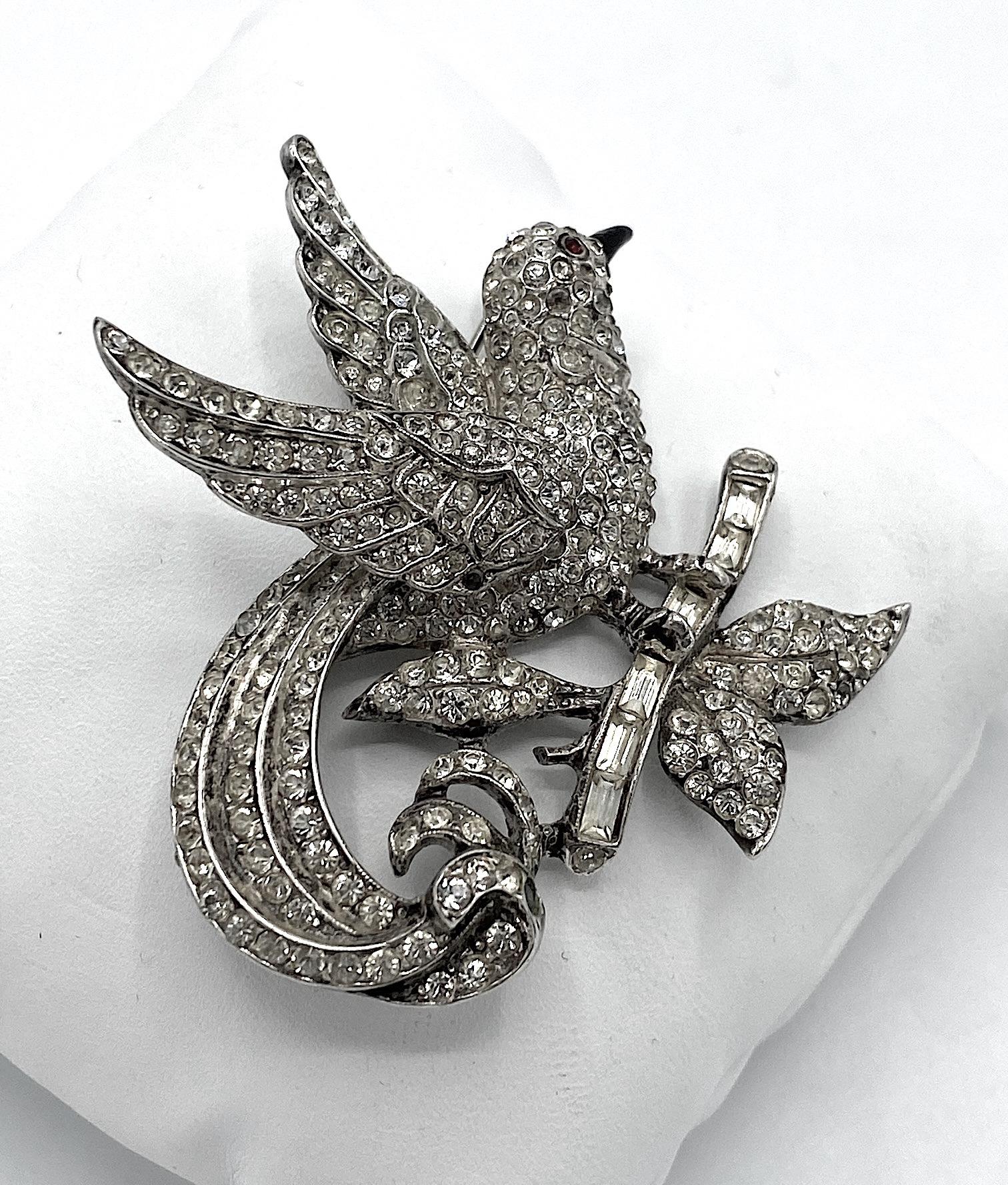 Coro Craft Sterling Silver & Rhinestone 1940s Bird Brooch In Good Condition In New York, NY