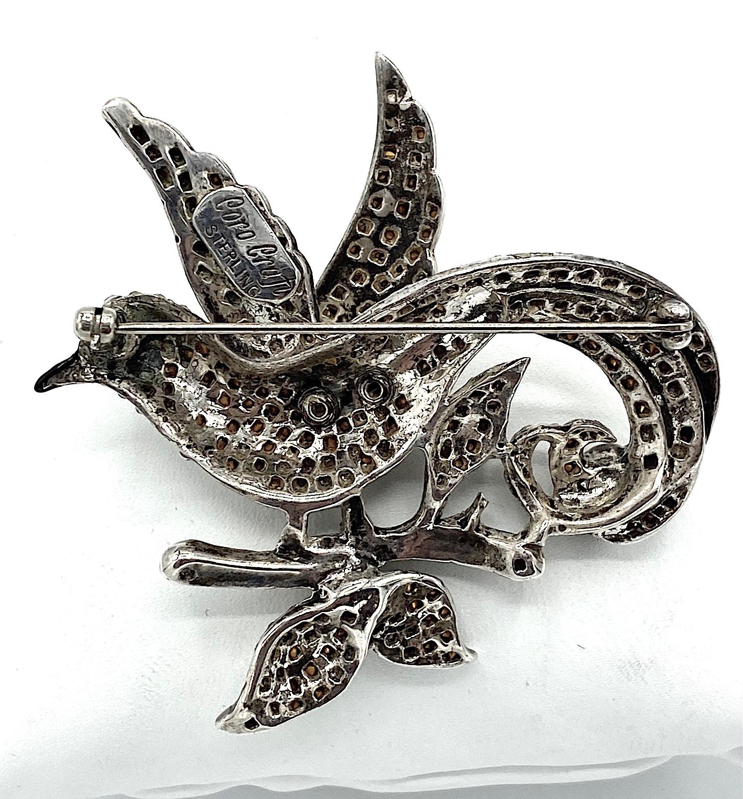 Women's or Men's Coro Craft Sterling Silver & Rhinestone 1940s Bird Brooch