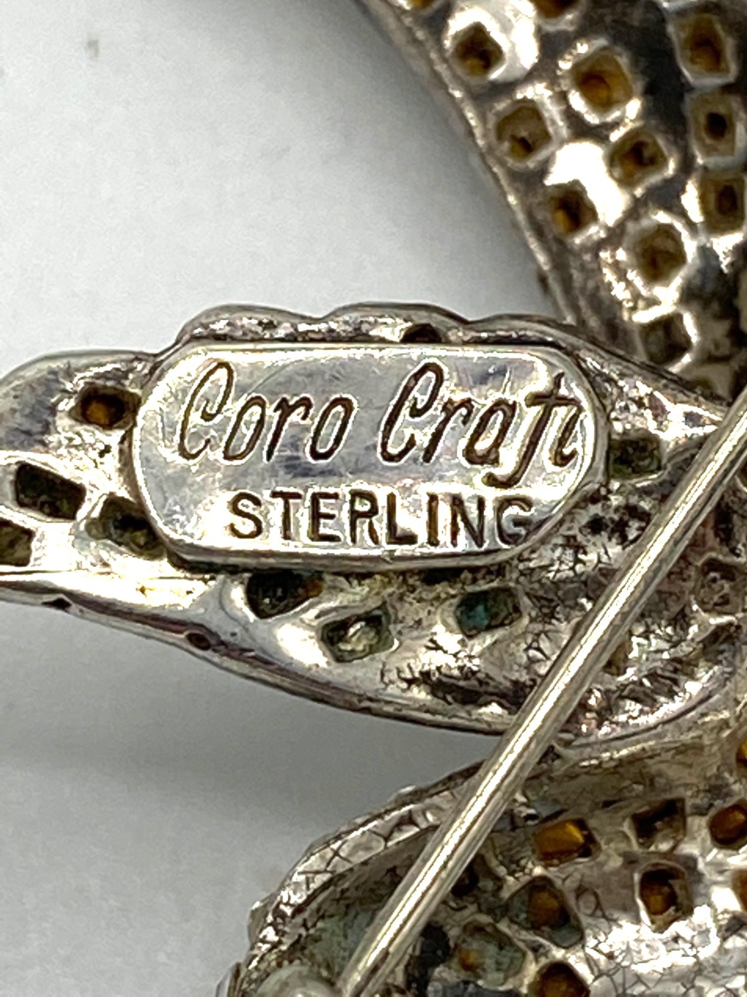 Coro Craft Sterling Silver & Rhinestone 1940s Bird Brooch 1