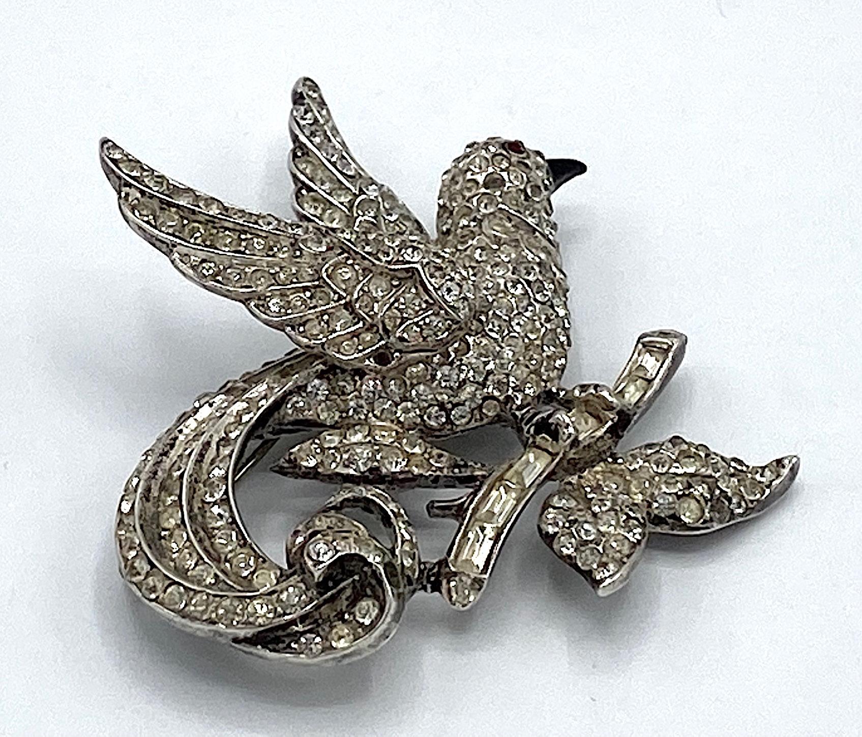 Coro Craft Sterling Silver & Rhinestone 1940s Bird Brooch 3