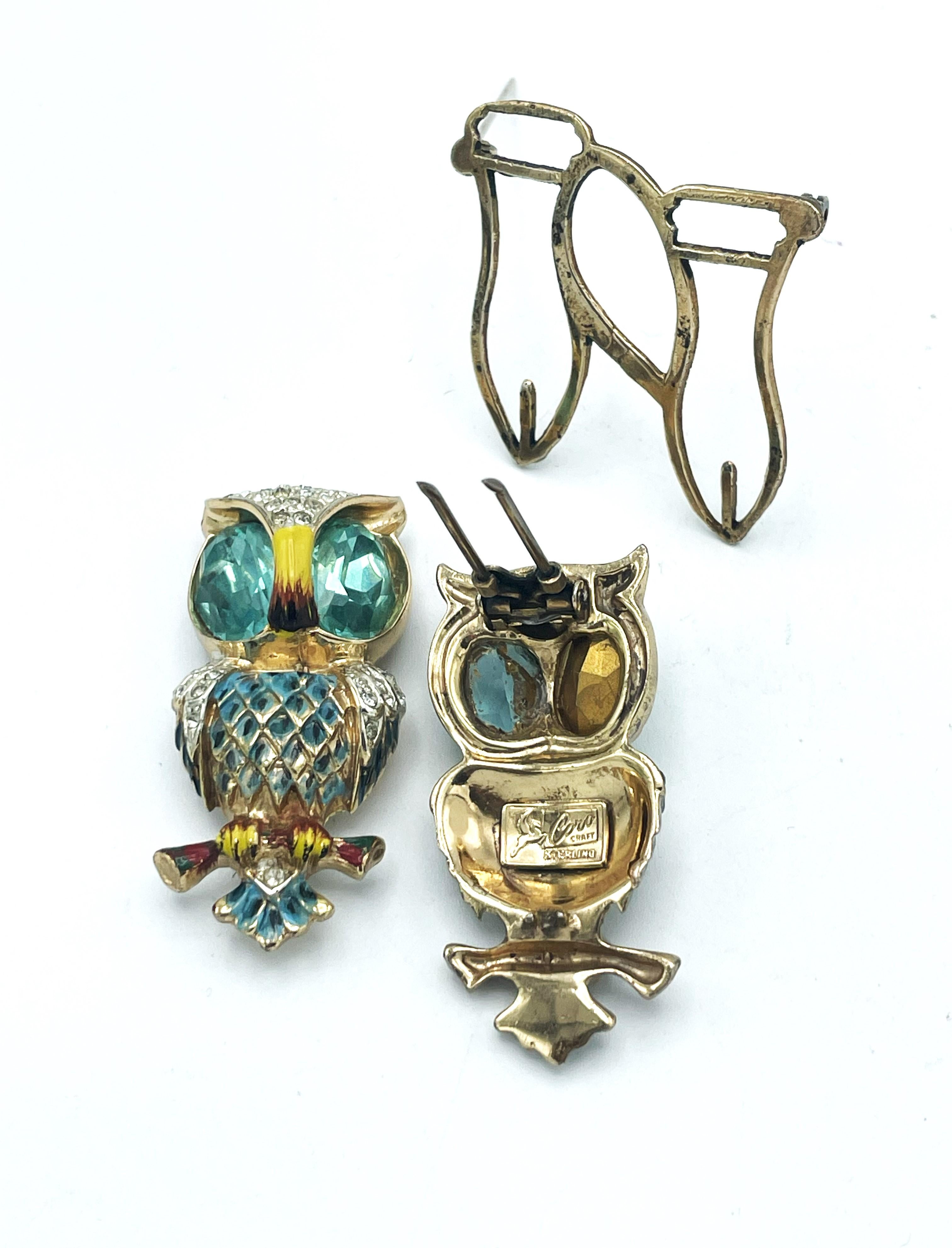 CORO DUETT OWL BROOCH, datiert 1944, Sterlingsilber, USA Aquamarine und Emaille  (Rundschliff) im Angebot