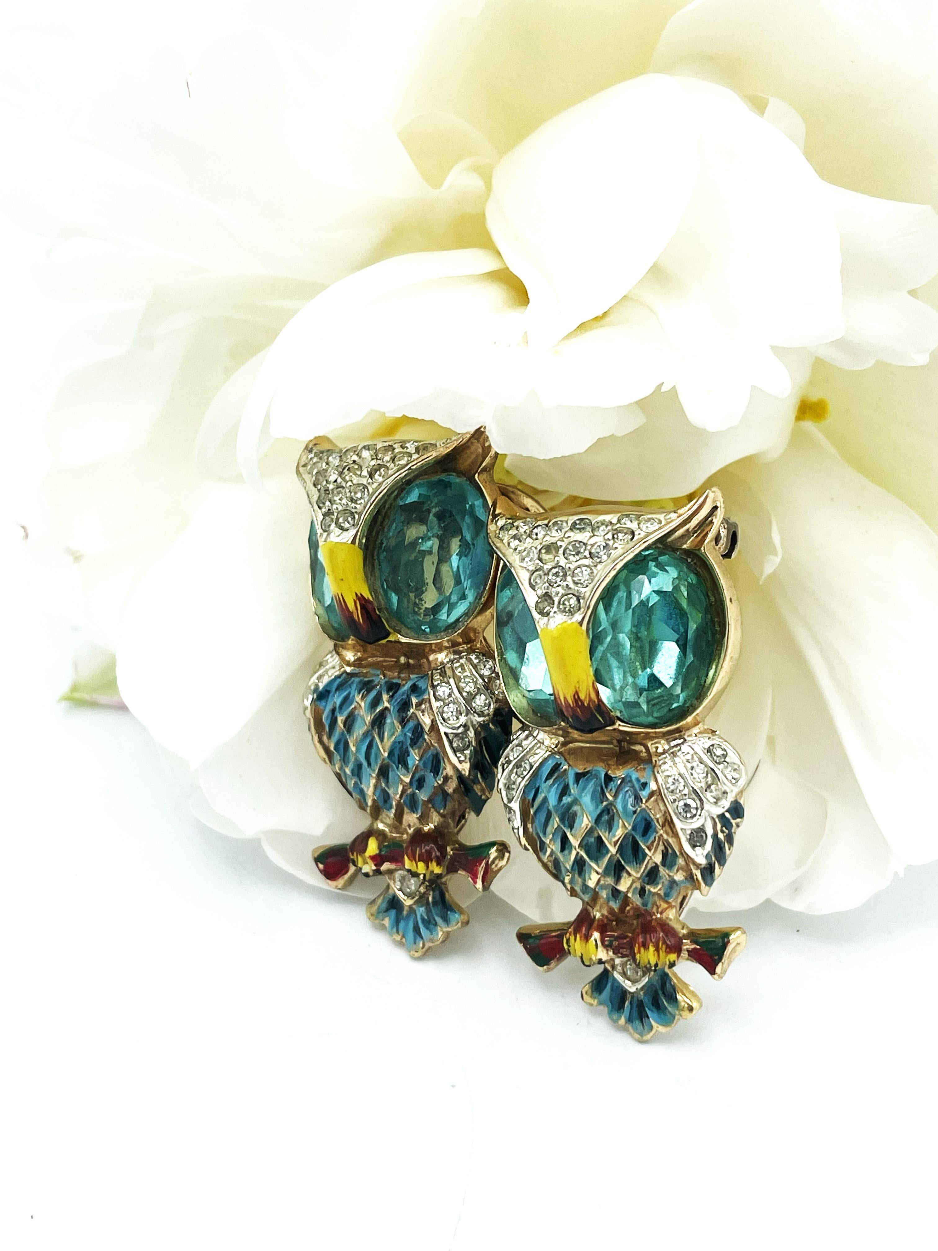 Modern CORO DUETT OWL BROOCH, dating 1944 Sterling Silver, USA aquamarines and enamel  For Sale