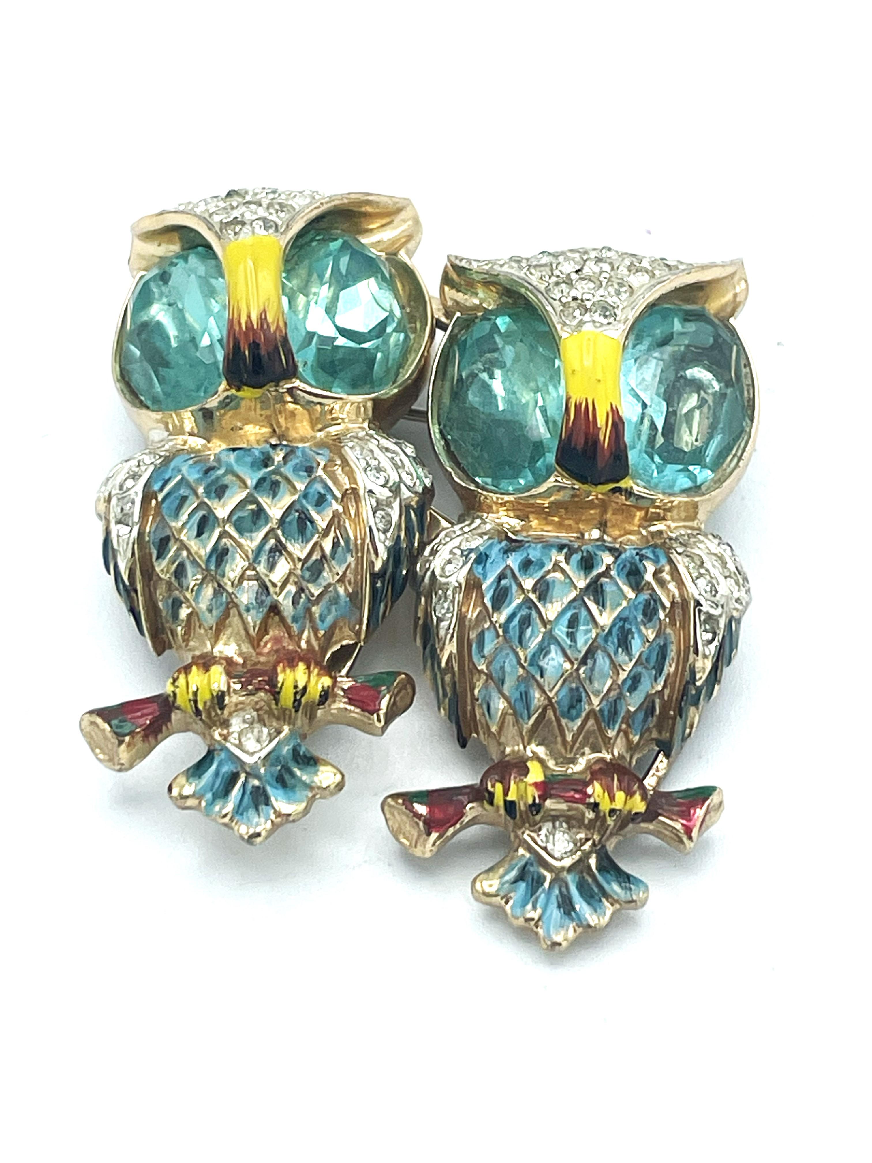 CORO DUETT OWL BROOCH, dating 1944 Sterling Silver, USA aquamarines and enamel  In Good Condition For Sale In Stuttgart, DE
