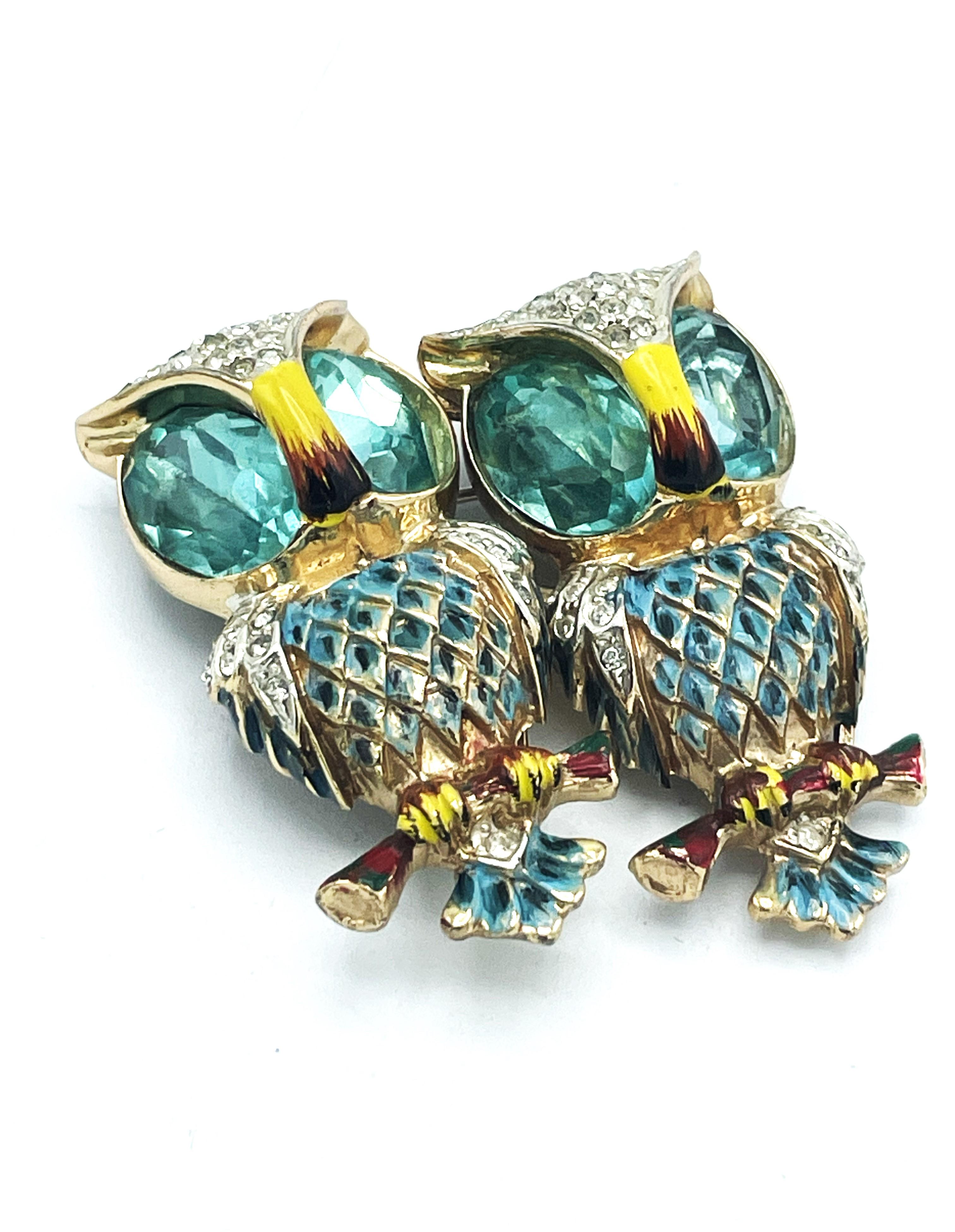 Women's CORO DUETT OWL BROOCH, dating 1944 Sterling Silver, USA aquamarines and enamel  For Sale