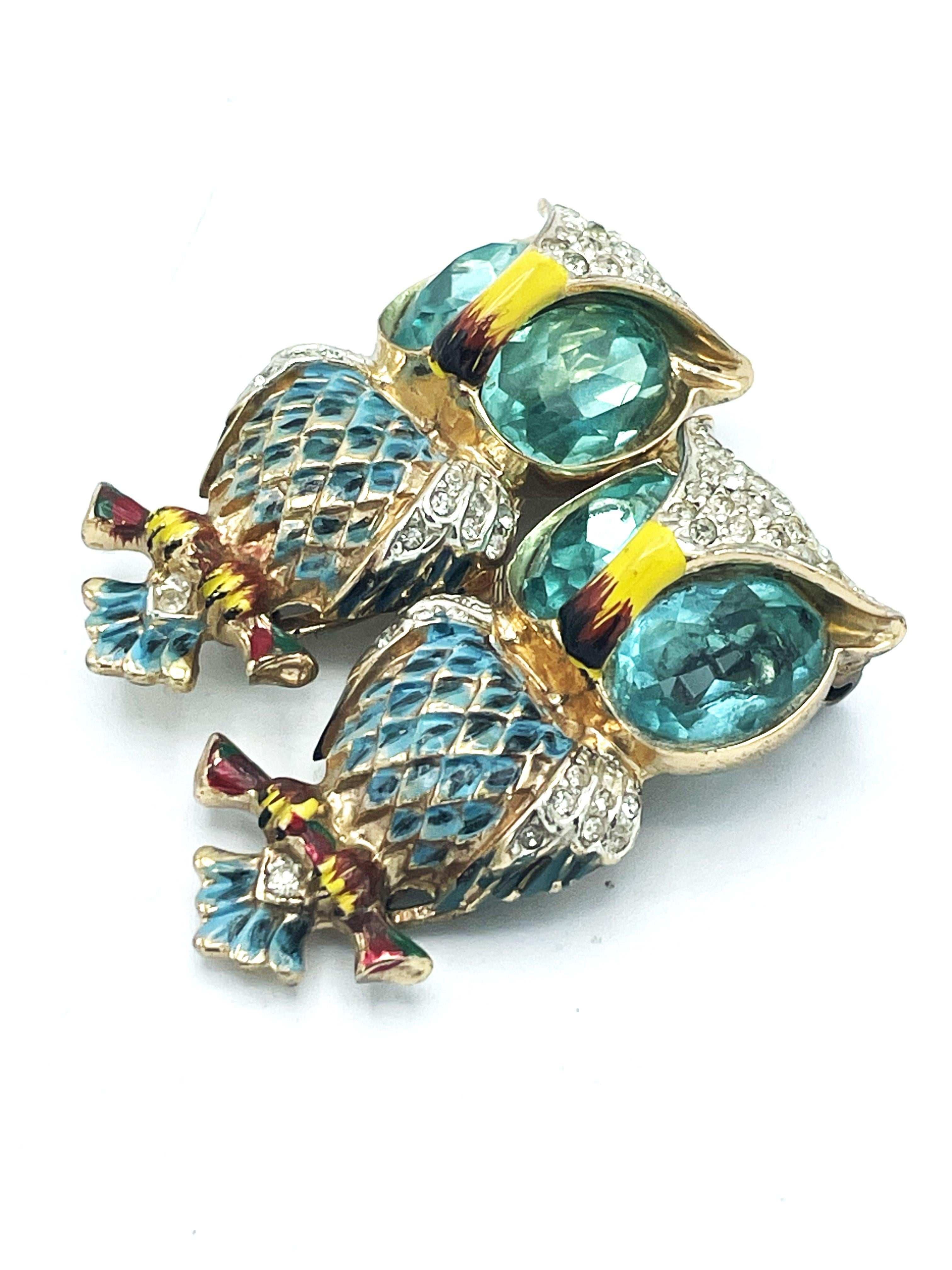 CORO DUETT OWL BROOCH, dating 1944 Sterling Silver, USA aquamarines and enamel  For Sale 1