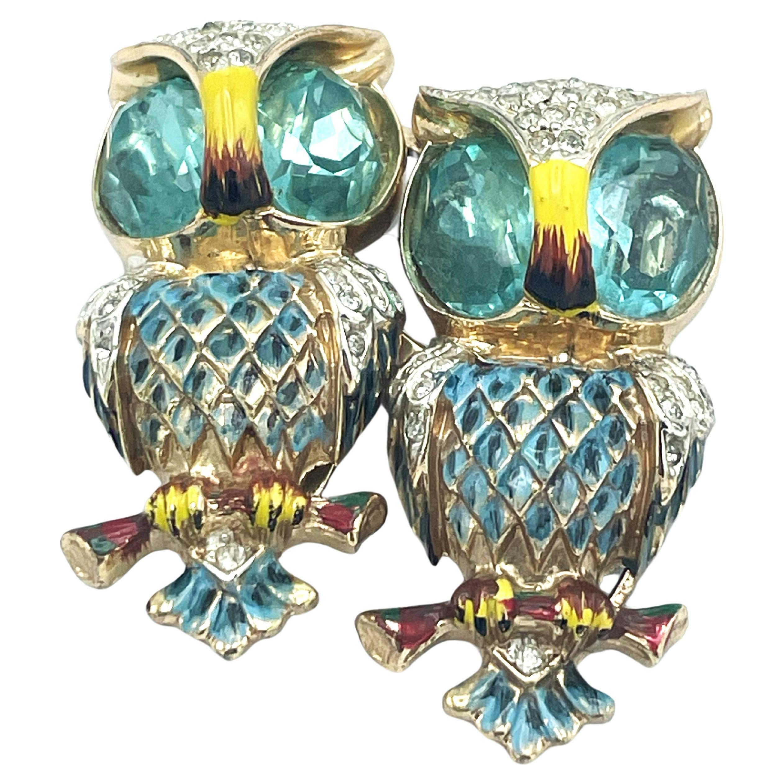 CORO DUETT OWL BROOCH, datiert 1944, Sterlingsilber, USA Aquamarine und Emaille  im Angebot