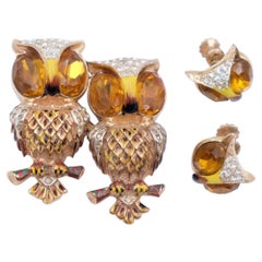 Vintage Coro Duette Owls Brooch and Earrings Set 1940s
