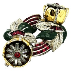 Coro 1940s Gilt Metal Flower Twist Duett Brooch with Red Crystals