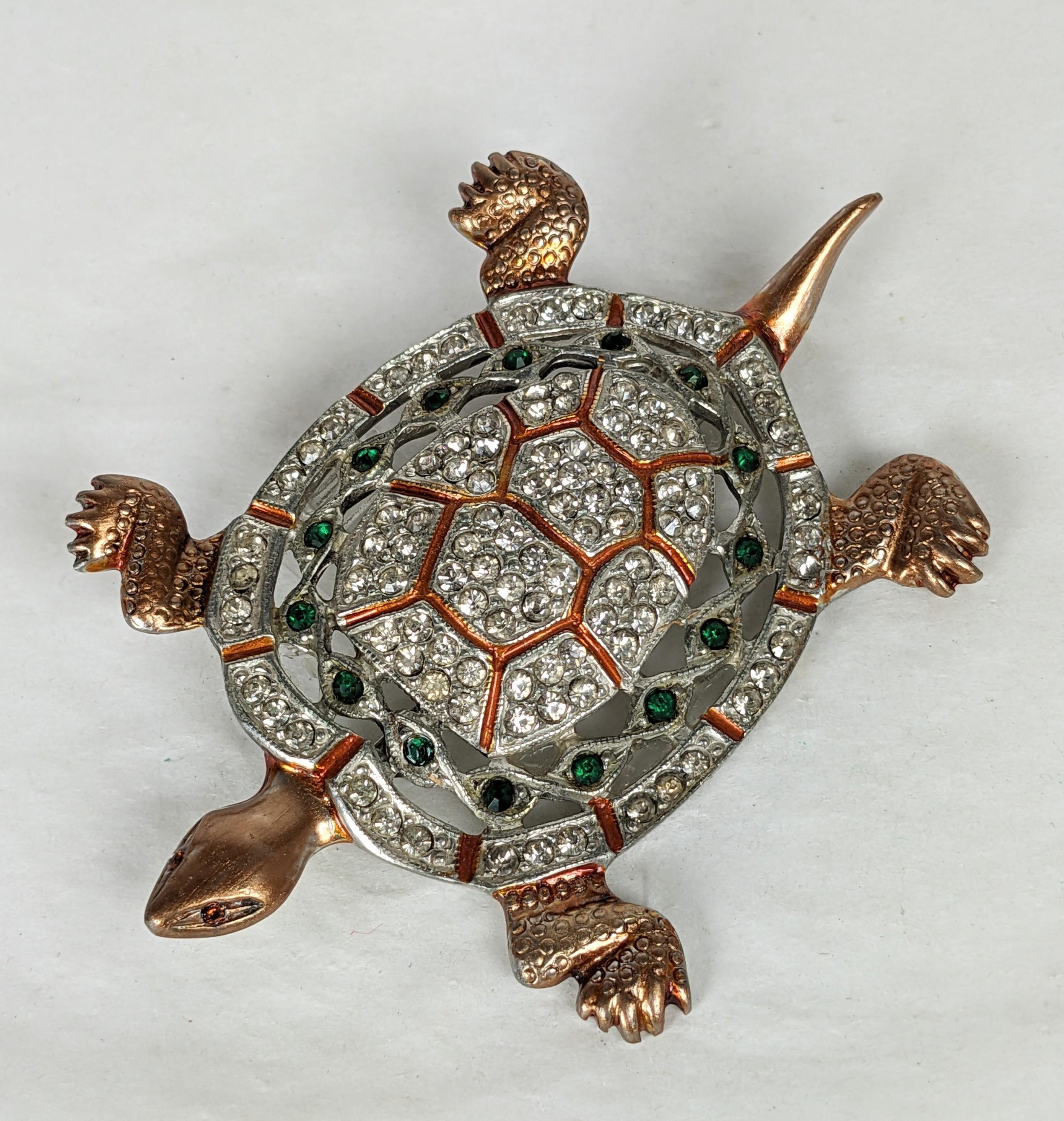 Large Coro Enamel and Jeweled Turtle from the Art Deco era. Set with pave and emerald crystals with pearlized copper enamel. 1930's USA. Unsigned. 3.5