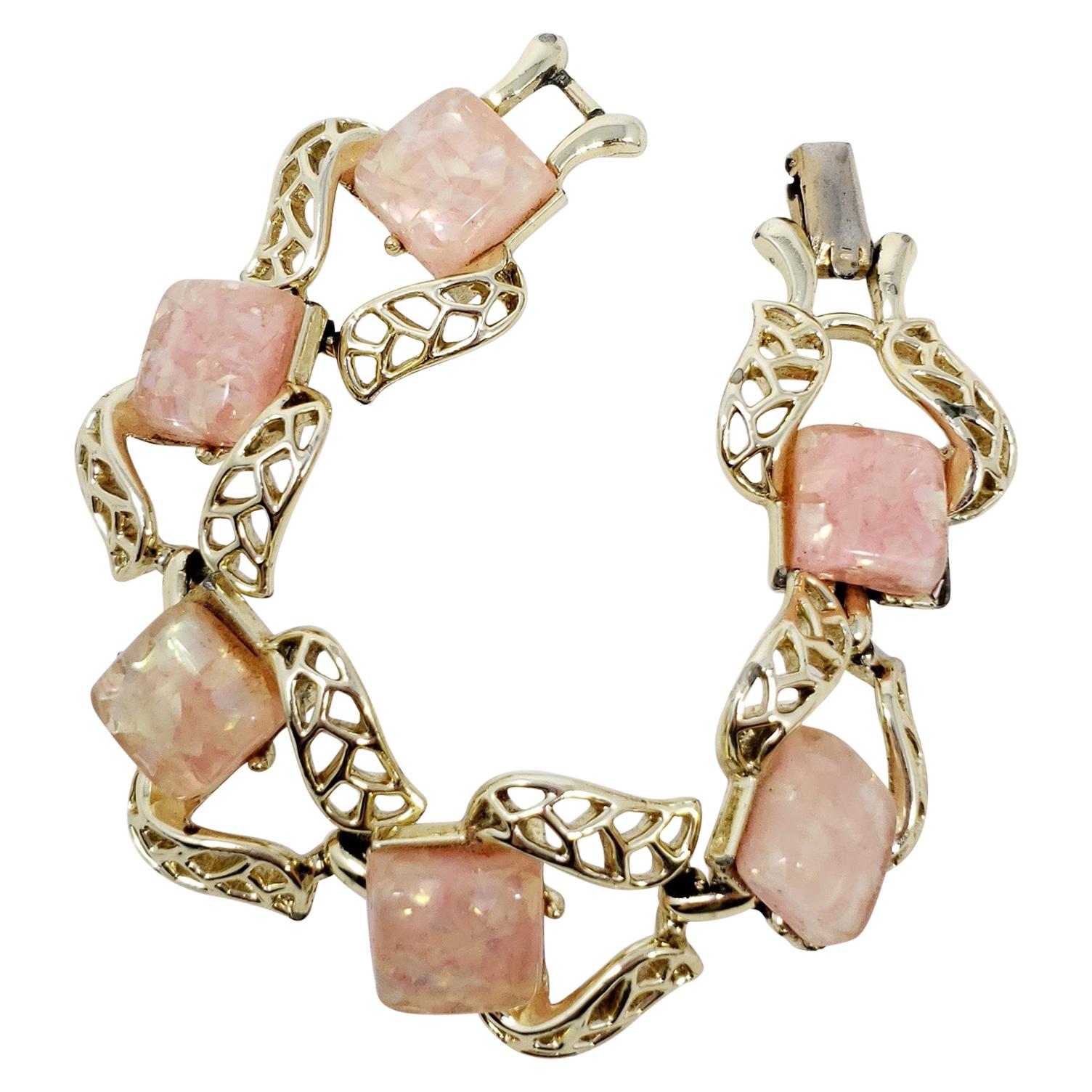 Coro Gold Link Pink Quartz Bracelet, Mid 1900s