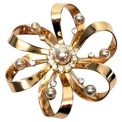 Coro Gold Vermeil Sterling Silver Crystal and Pearl Flower Pin