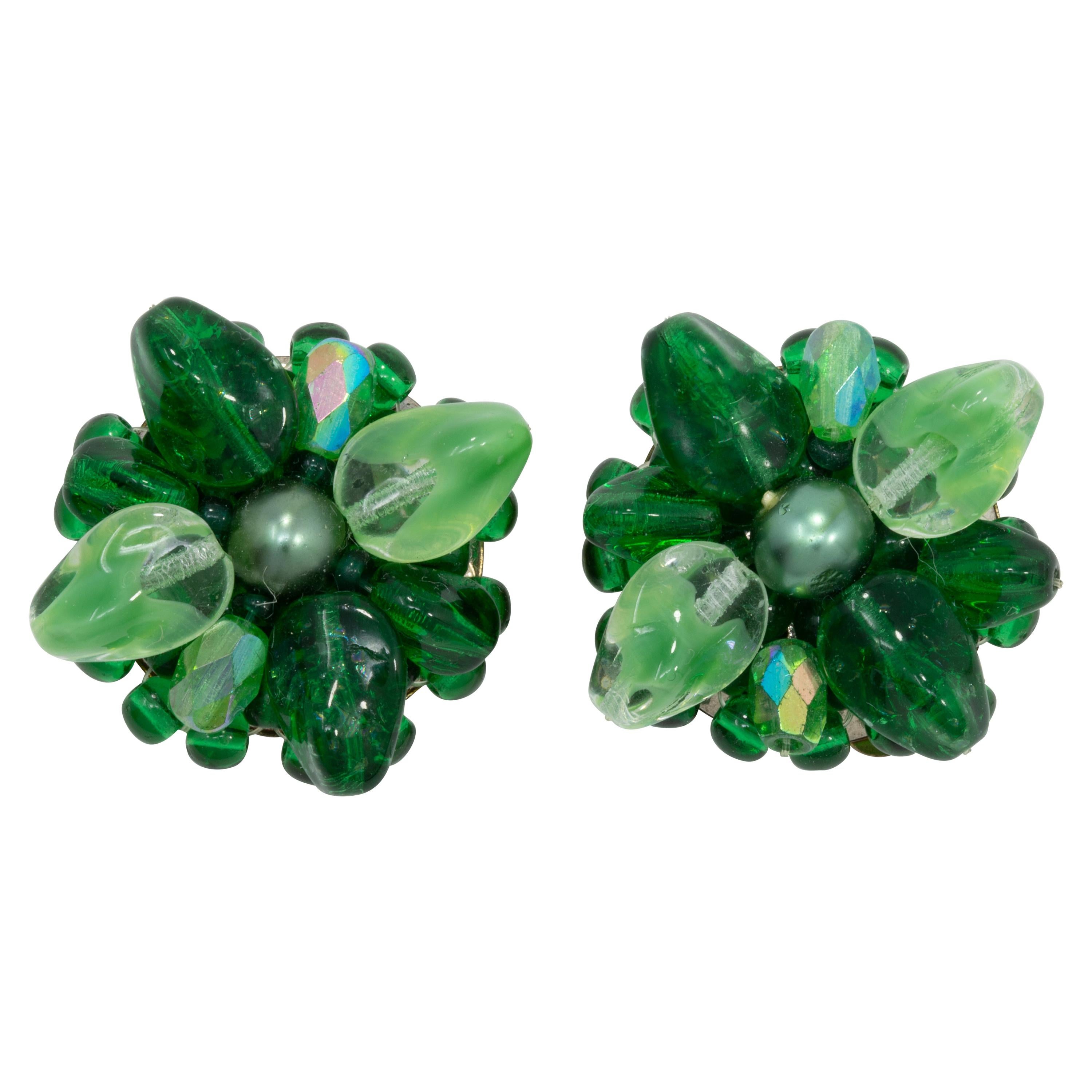 Coro Green Crystal Flower Cluster Clip on Earrings, Vintage, Made in Germany For Sale