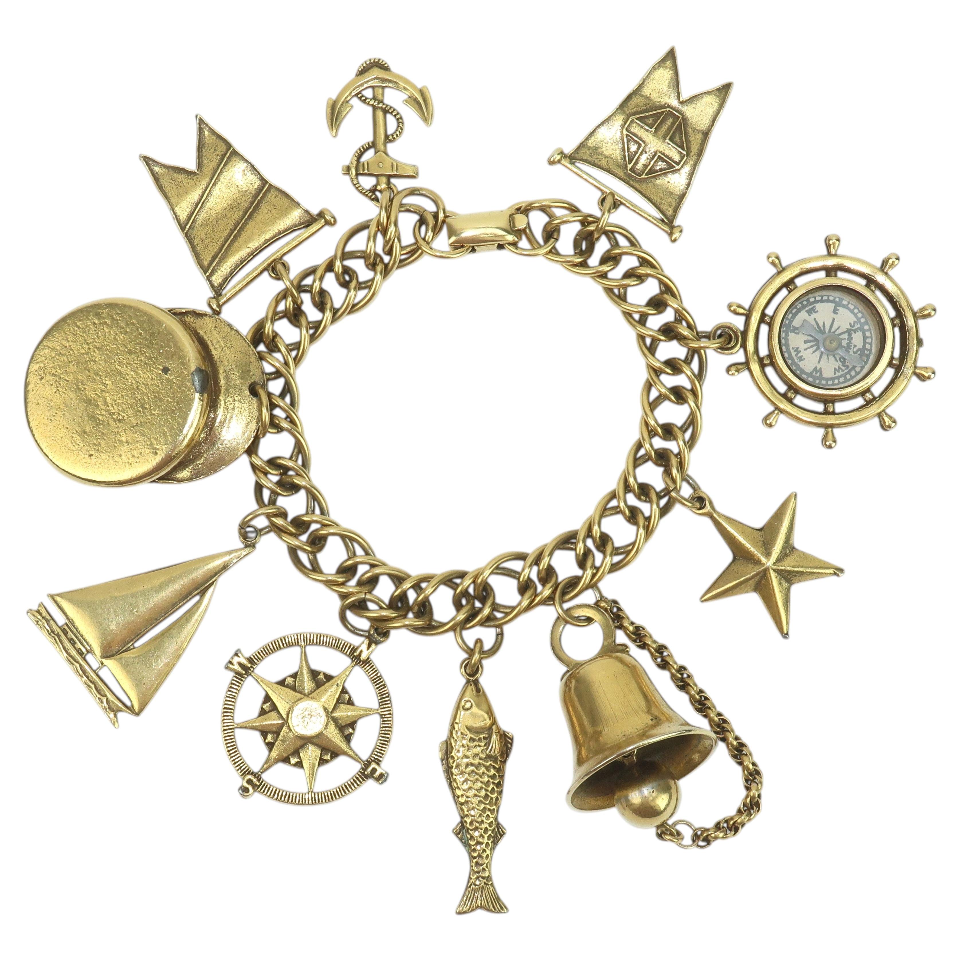 CORO Nautical Themed Gold Tone Charm Bracelet For Sale