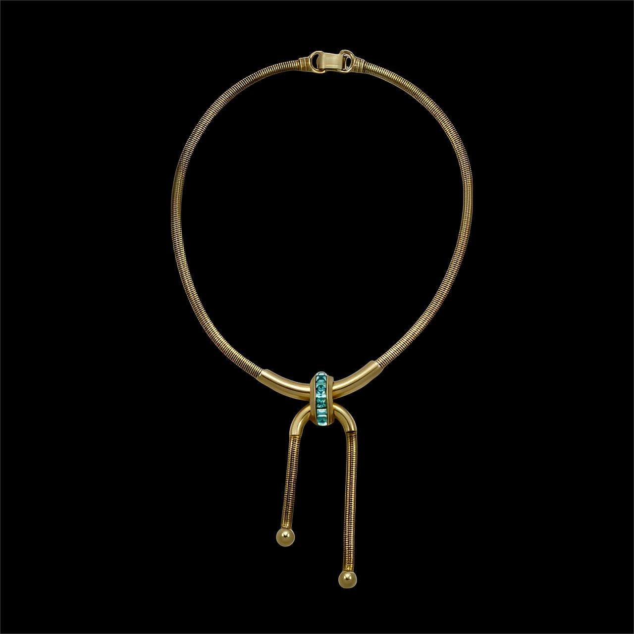 Coro Pegasus Gold Plated and Aqua Blue Rhinestone Pendant Necklace circa 1940s For Sale 3