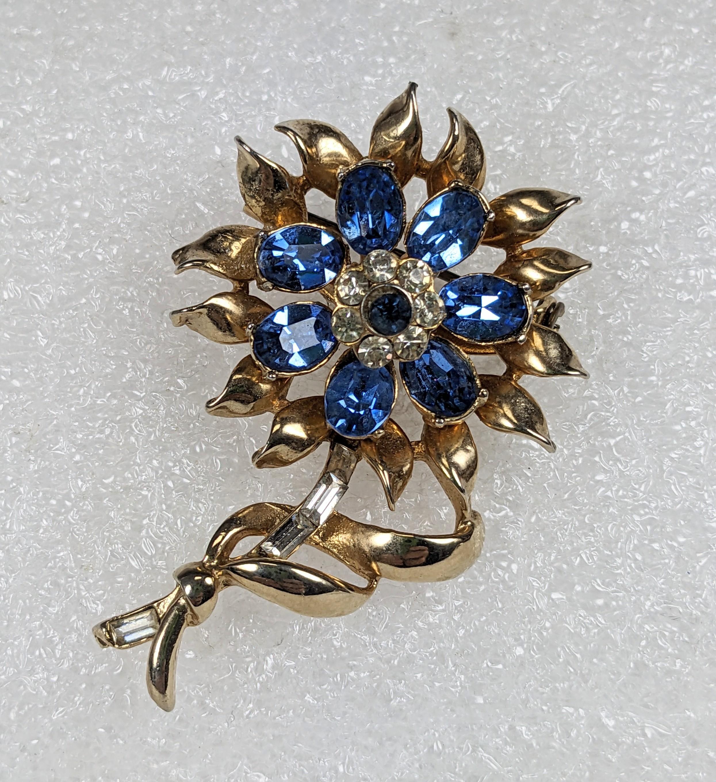 Charming Coro Retro Sapphire Flower Brooch from the 1940's. Flowerhead with oval sapphire crystals with pave centers. 1940's USA. 2