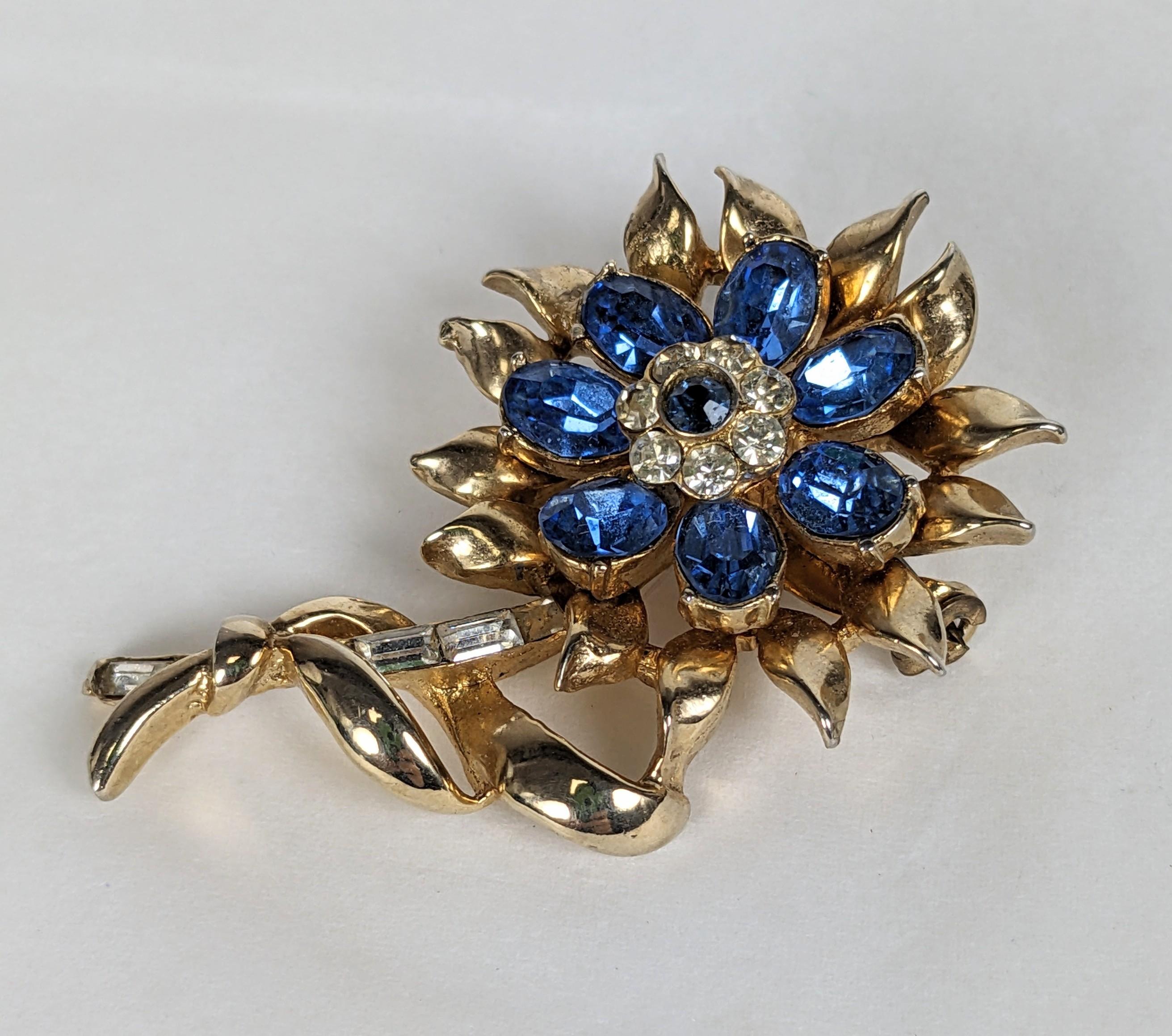 Art Deco Coro Retro Sapphire Flower Brooch For Sale