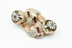 Coro Rose Gold Quivering Ruby Camellias Duette Fur Dress Clips Brooch