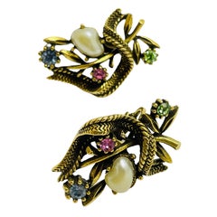 CORO signed baby tooth pearl rhinestone gold designer  clip on earrings