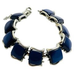 Vintage CORO signed silver tone thermoset navy blue link designer bracelet