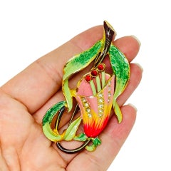 CORO signed vintage gold tone rhinestone enamel bell flower trembler brooch