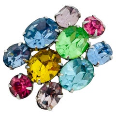 CORO signed vintage silver tone colorful rhinestones designer brooch