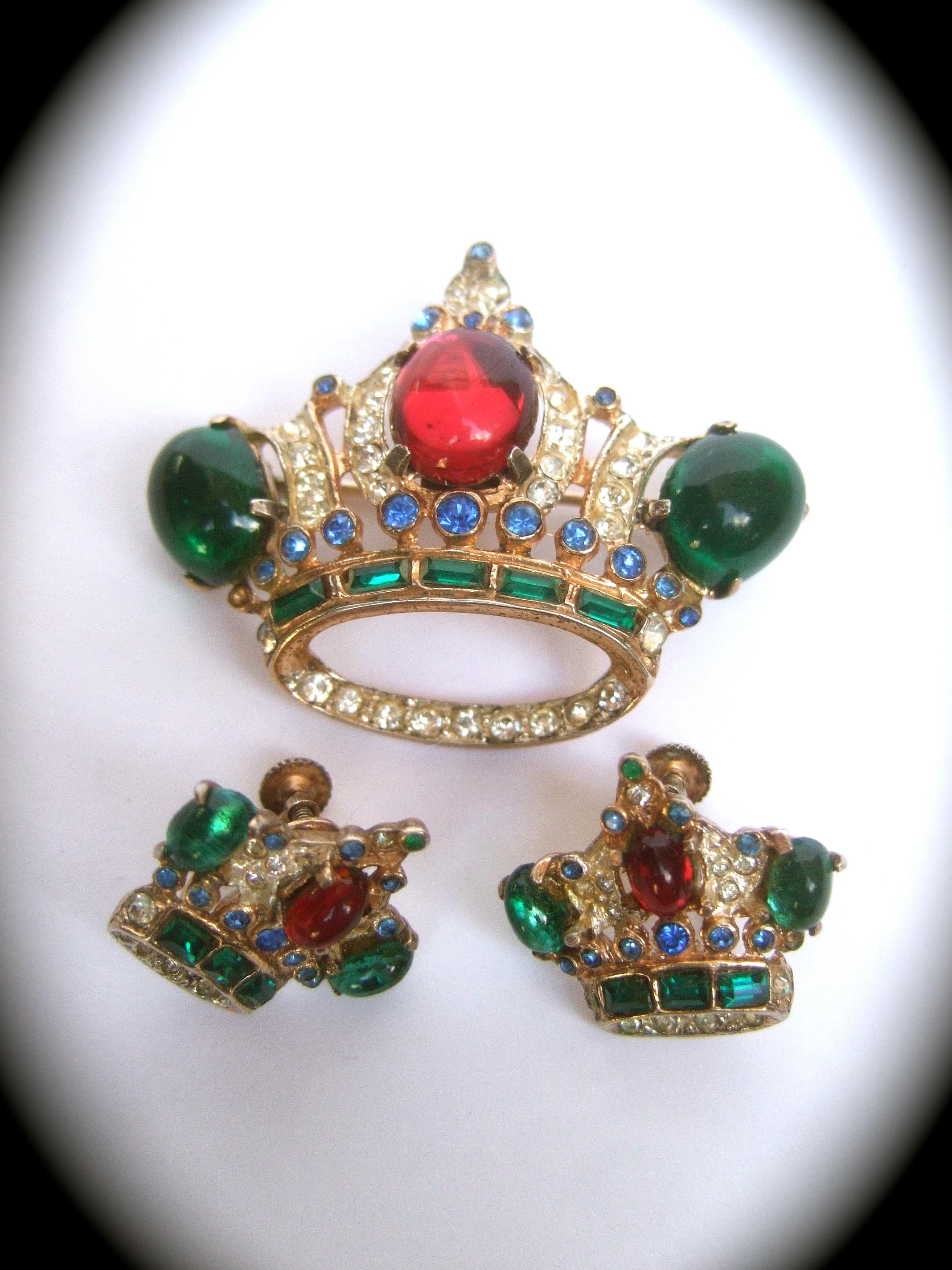 Coro Sterling Gilt Vermeil Crown Brooch & Earrings Set c 1950s 2