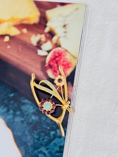 Coro Vintage 1940s Gold White Pearls Turquoise Wishbone Ruby Red Flowers Brooch