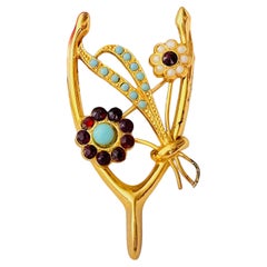 Coro Vintage 1940s Gold White Pearls Turquoise Wishbone Ruby Red Flowers Brooch