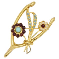 Coro Vintage 1940s Turquoise White Pearls Wishbone Ruby Flowers Sterling Brooch